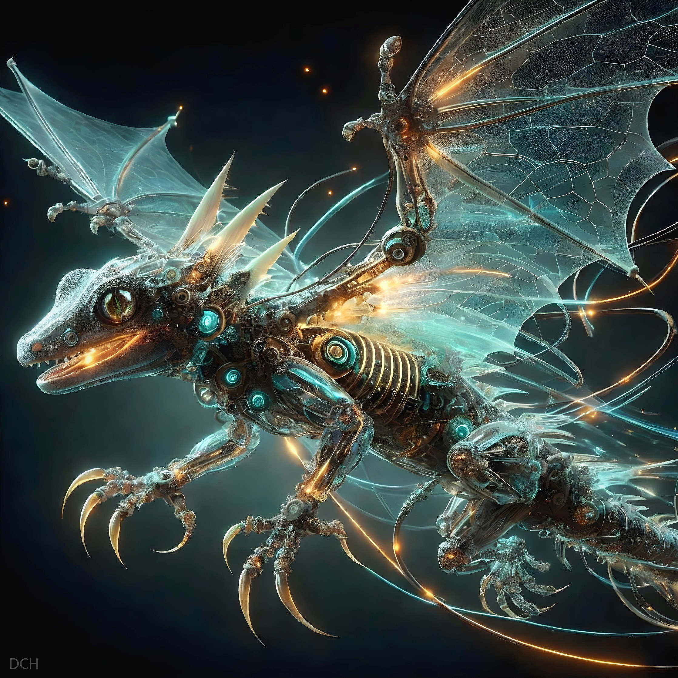 Futuristic dragon with metallic and translucent features