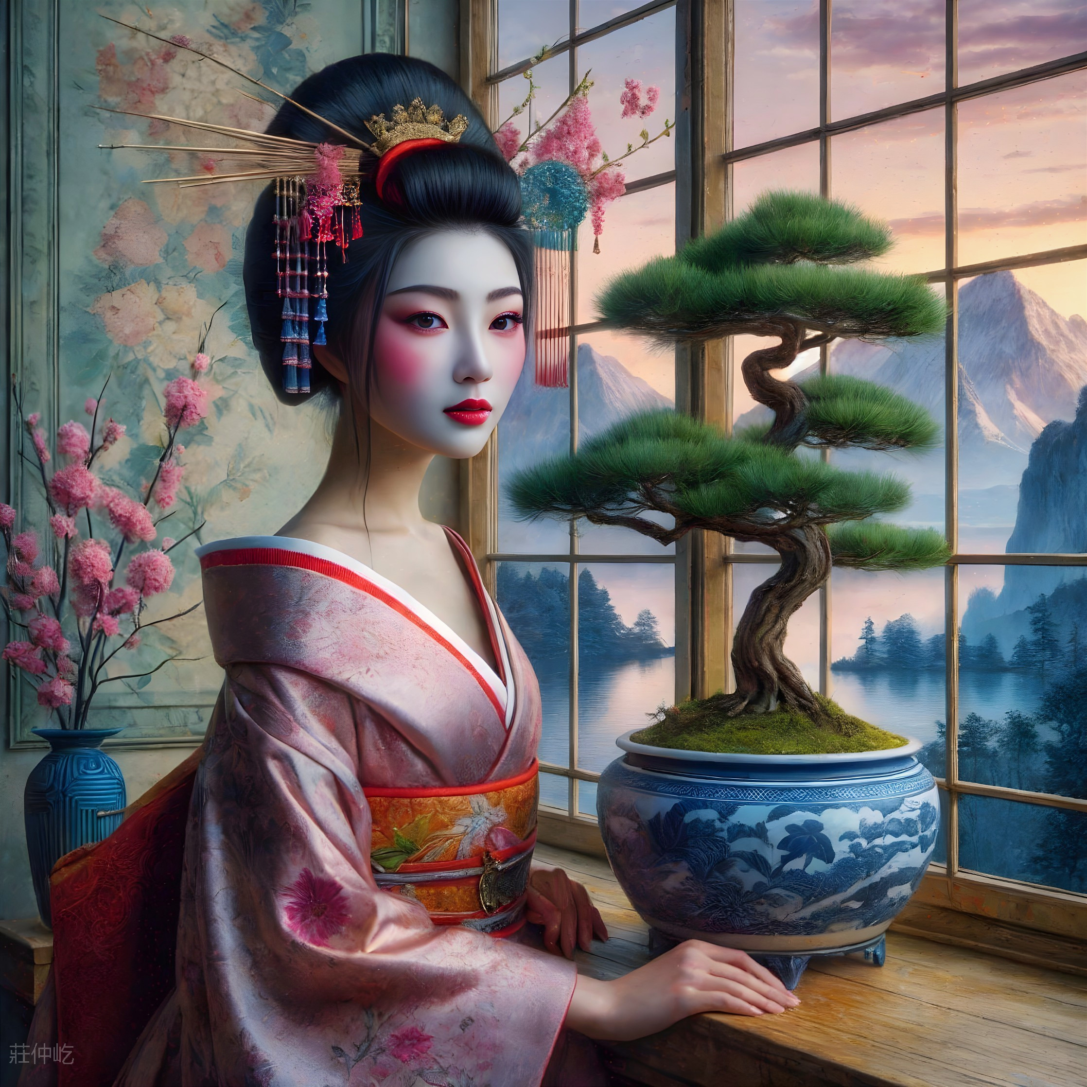 Woman in Traditional Attire by Bonsai and Mountains