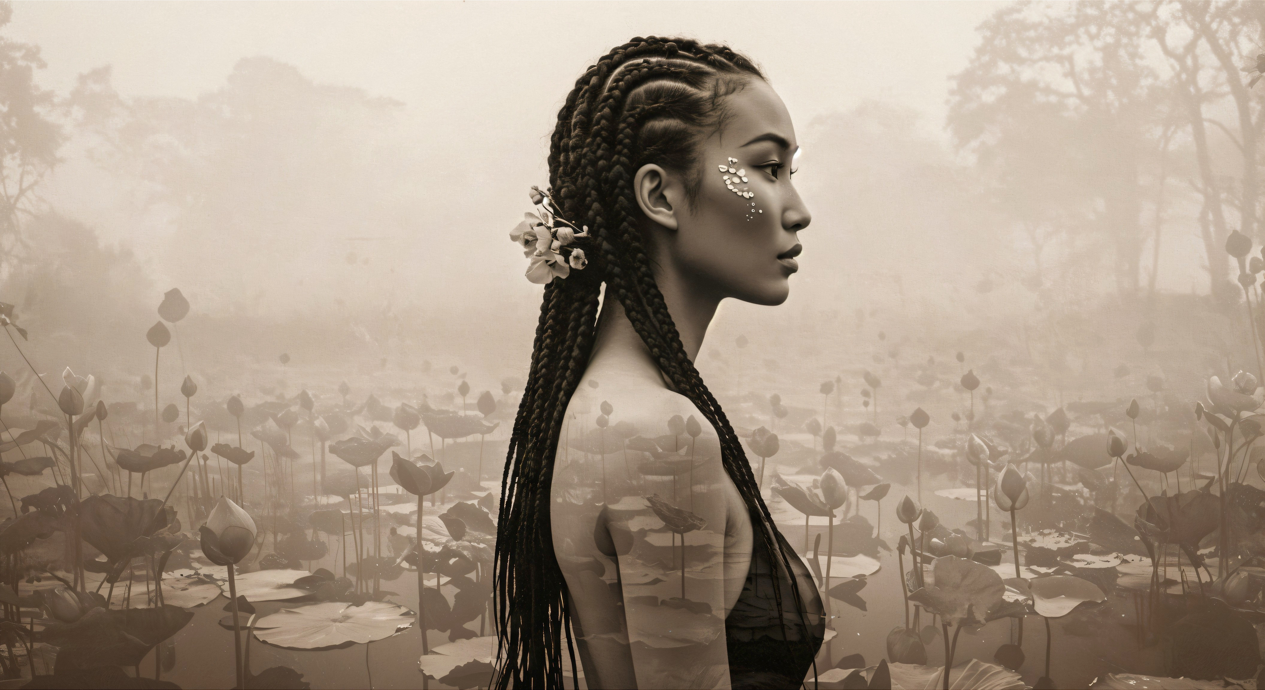 Serene Woman with Braided Hair in Misty Landscape