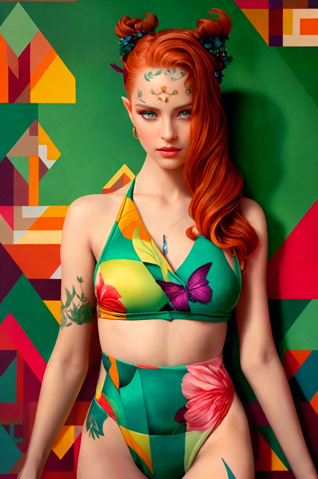 Vibrant woman with red hair and tattoos on colorful geometric background