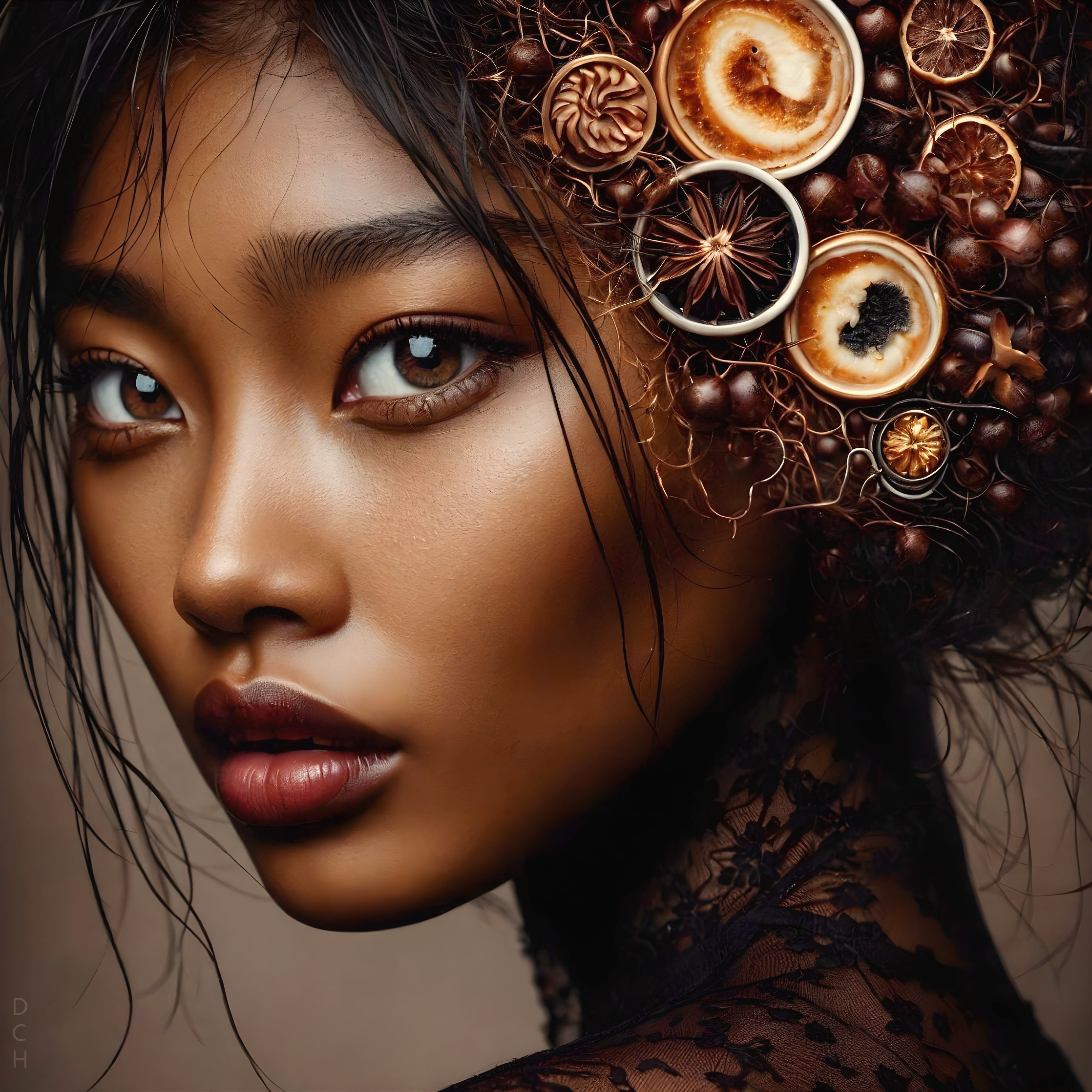 Portrait of a model with natural elements and rich tones