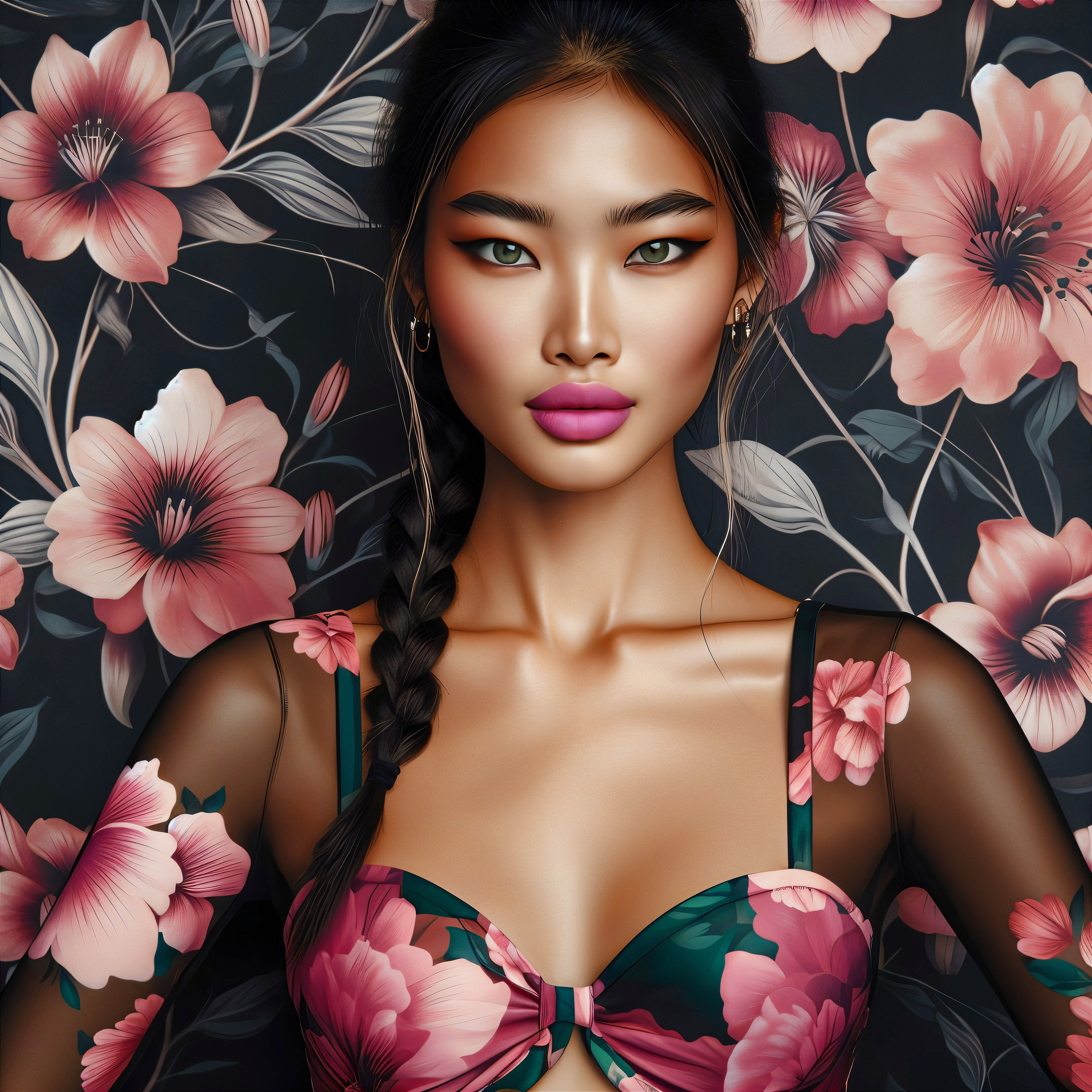 Portrait of a Woman with Bold Makeup and Floral Bikini