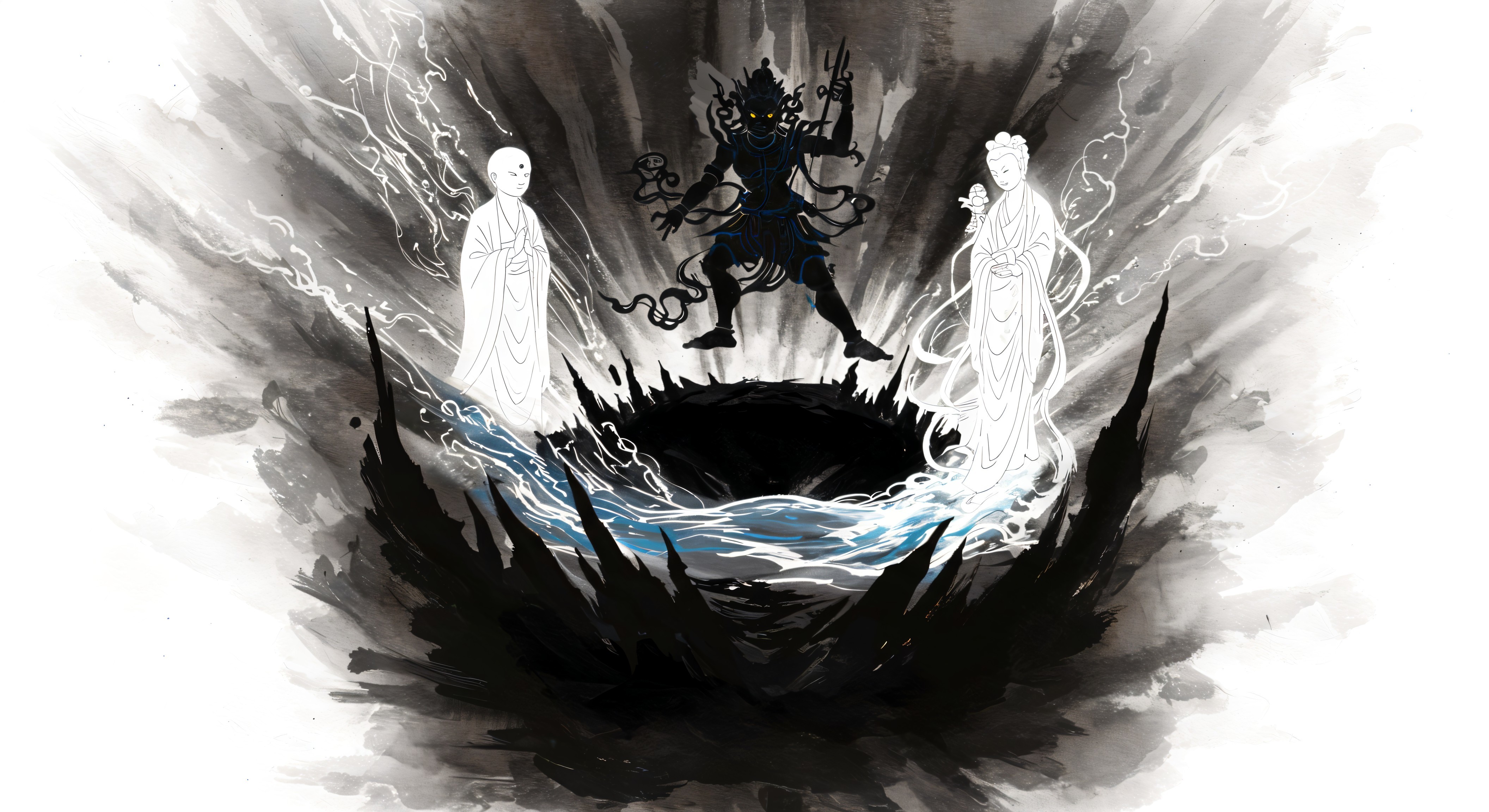 Dramatic Scene of Dark Deity with Ethereal Figures