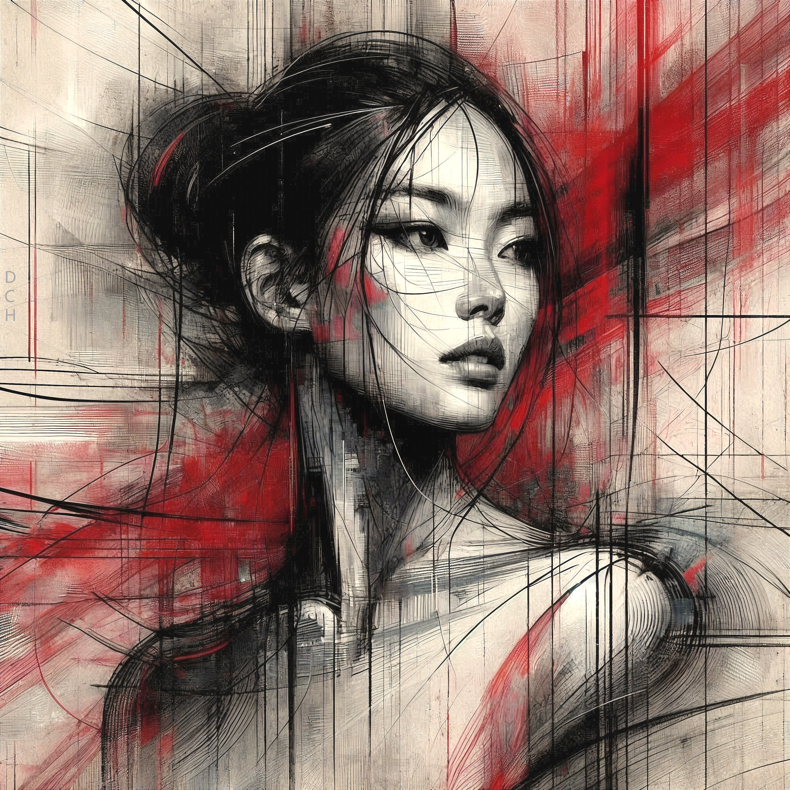 Artistic Portrait of Woman with Intense Gaze and Red Accents