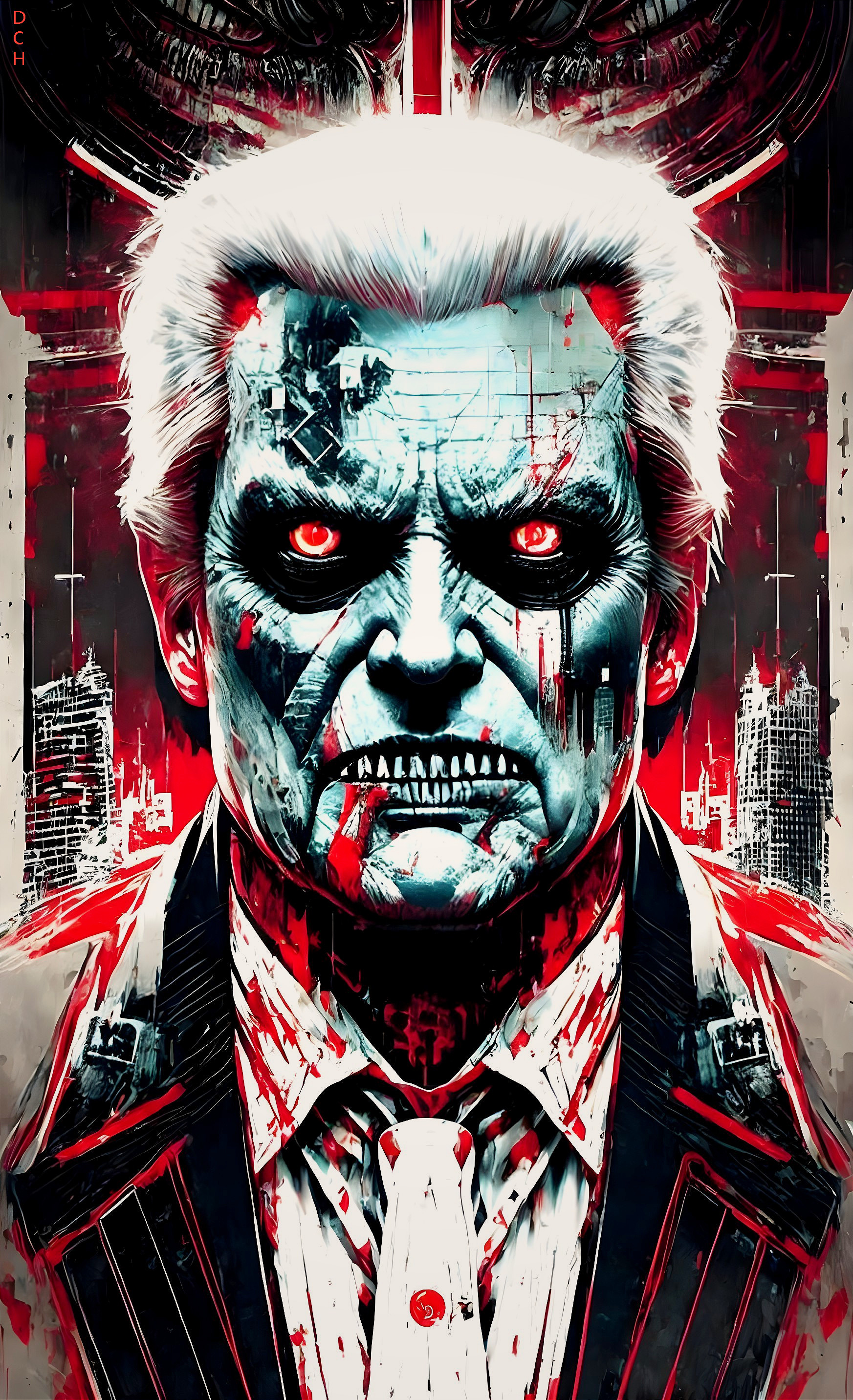 Cyborg Figure with Pale Face in Red and Black Setting