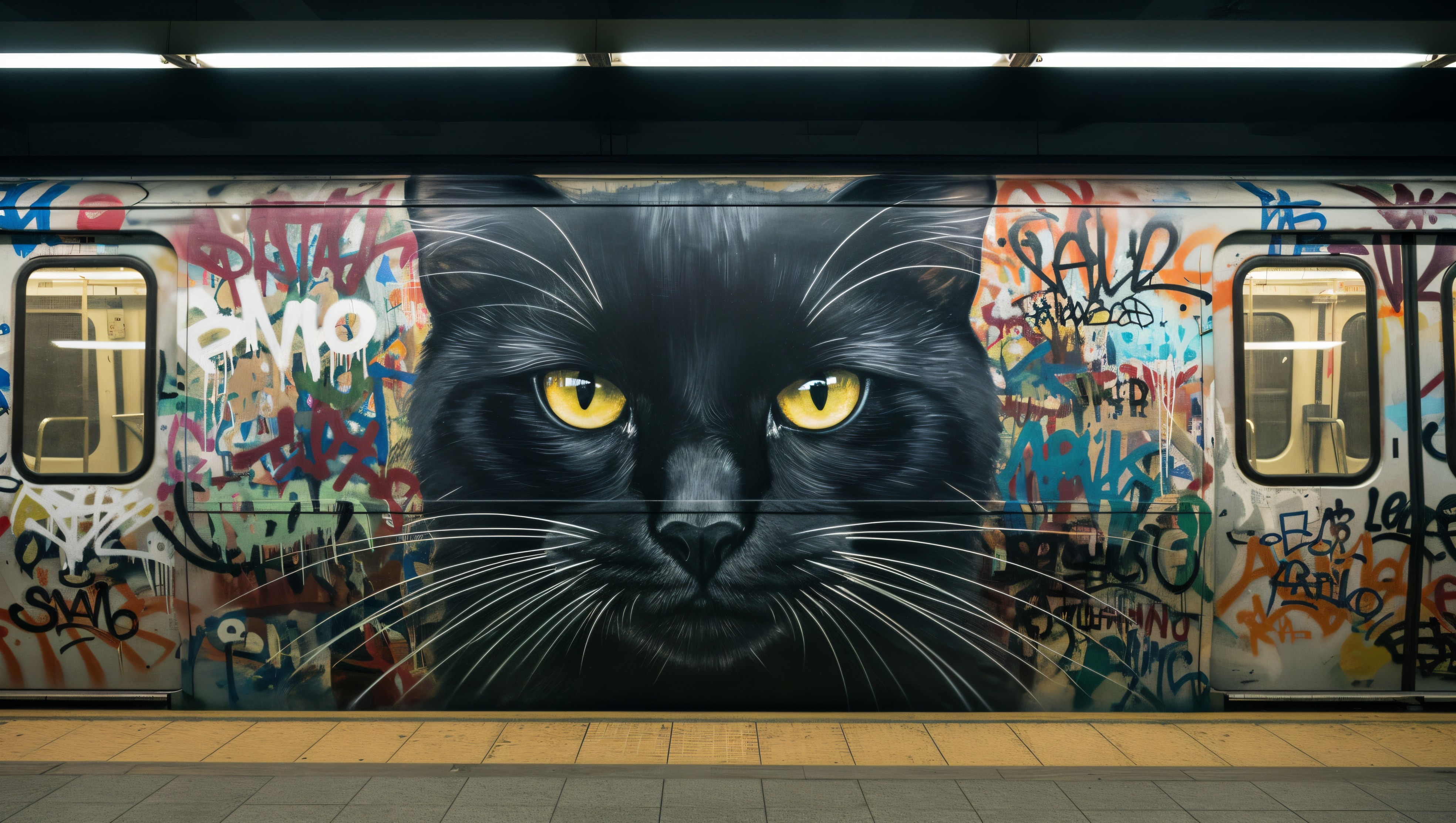Urban subway car with vibrant graffiti mural of cat