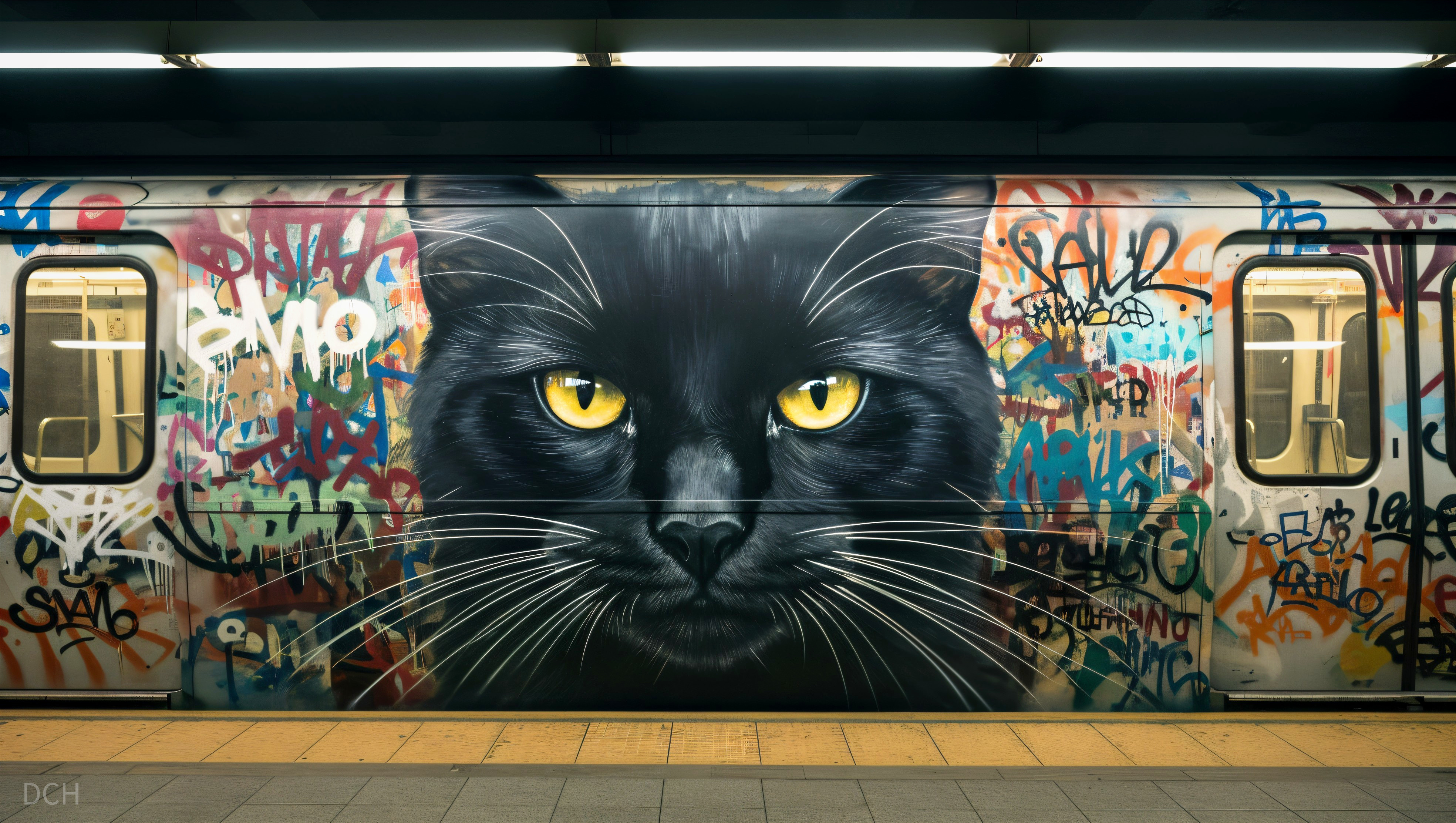 Urban subway car with vibrant graffiti mural of cat