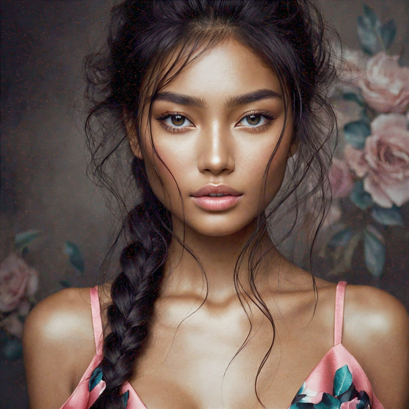Portrait of a woman with braided hairstyle and roses