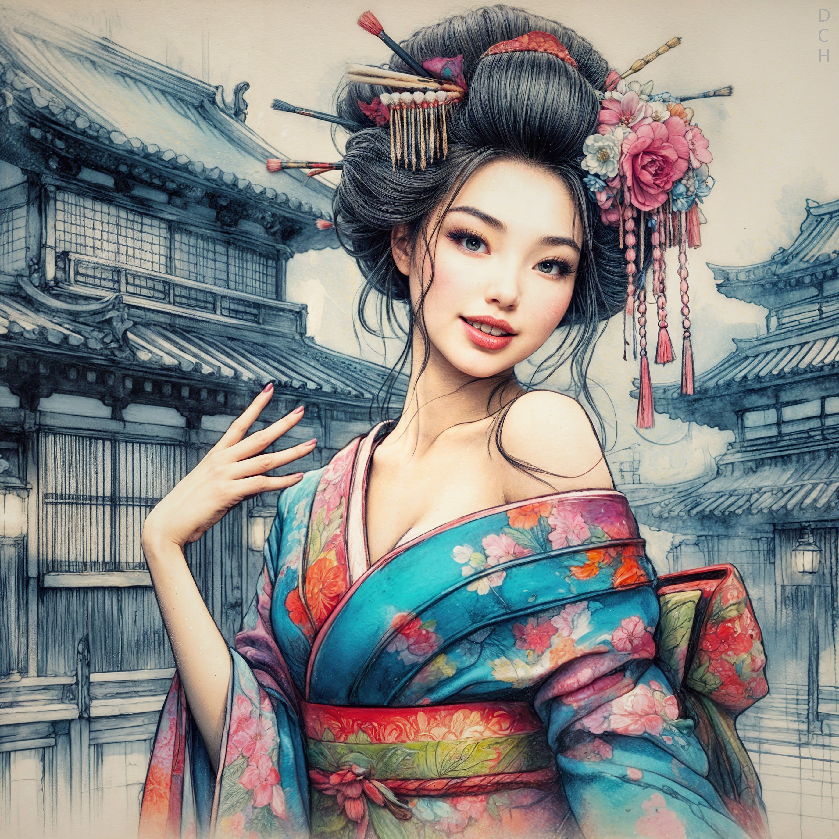 Elegant Woman in Vibrant Floral Kimono with Architecture
