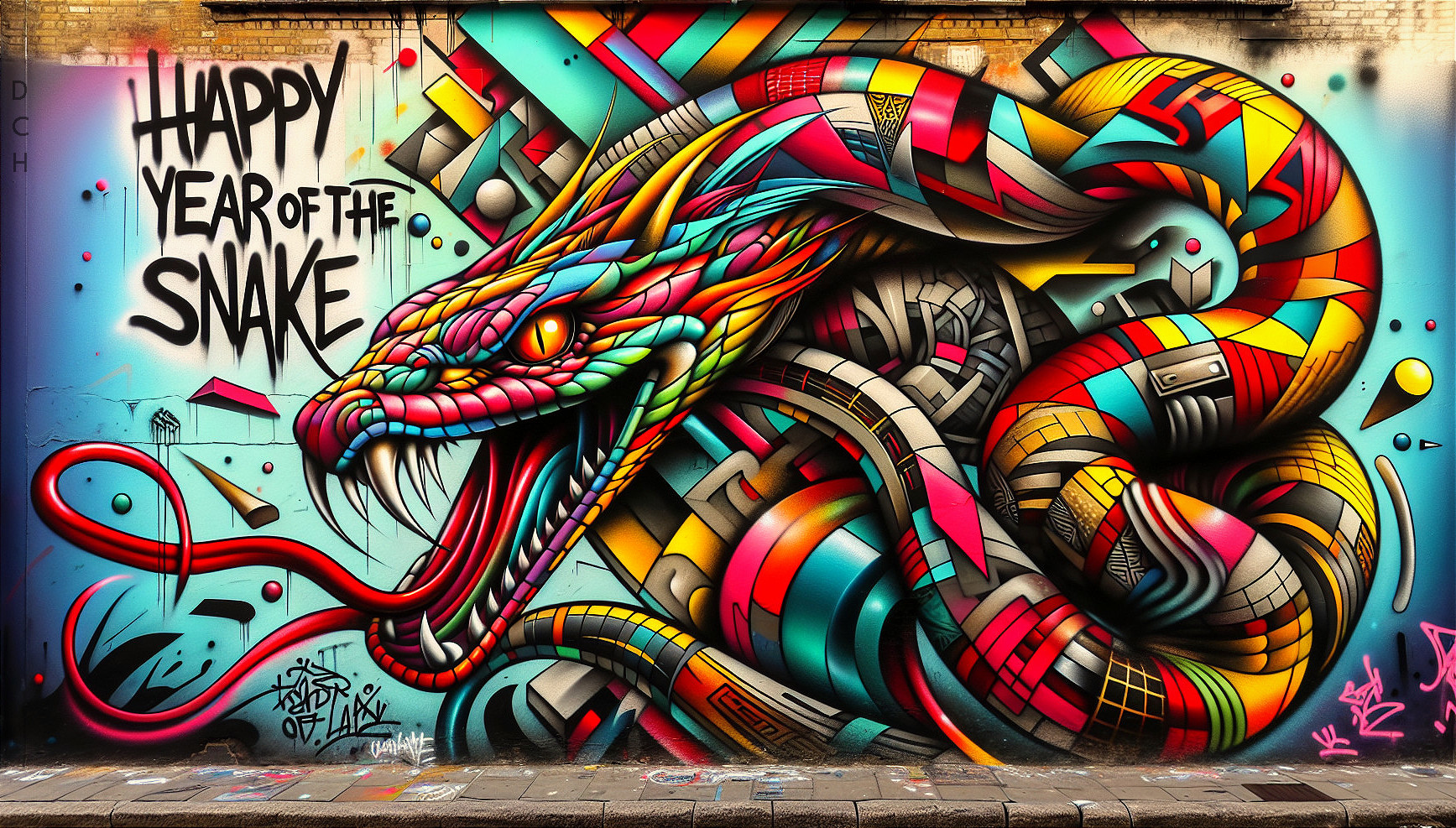 Colorful Mural of a Snake with Geometric Background