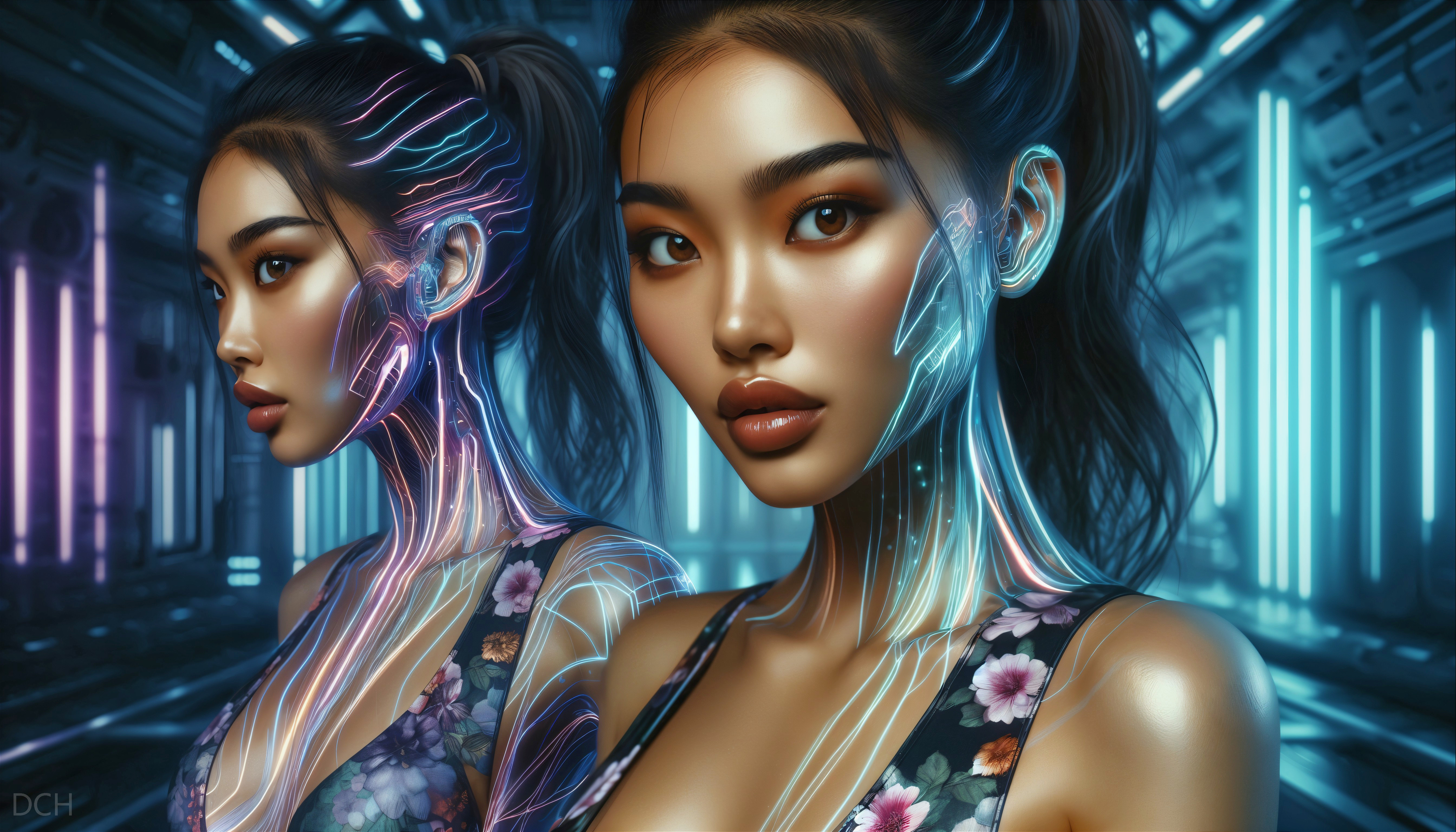 Futuristic Female Figure with Glowing Circuitry Patterns