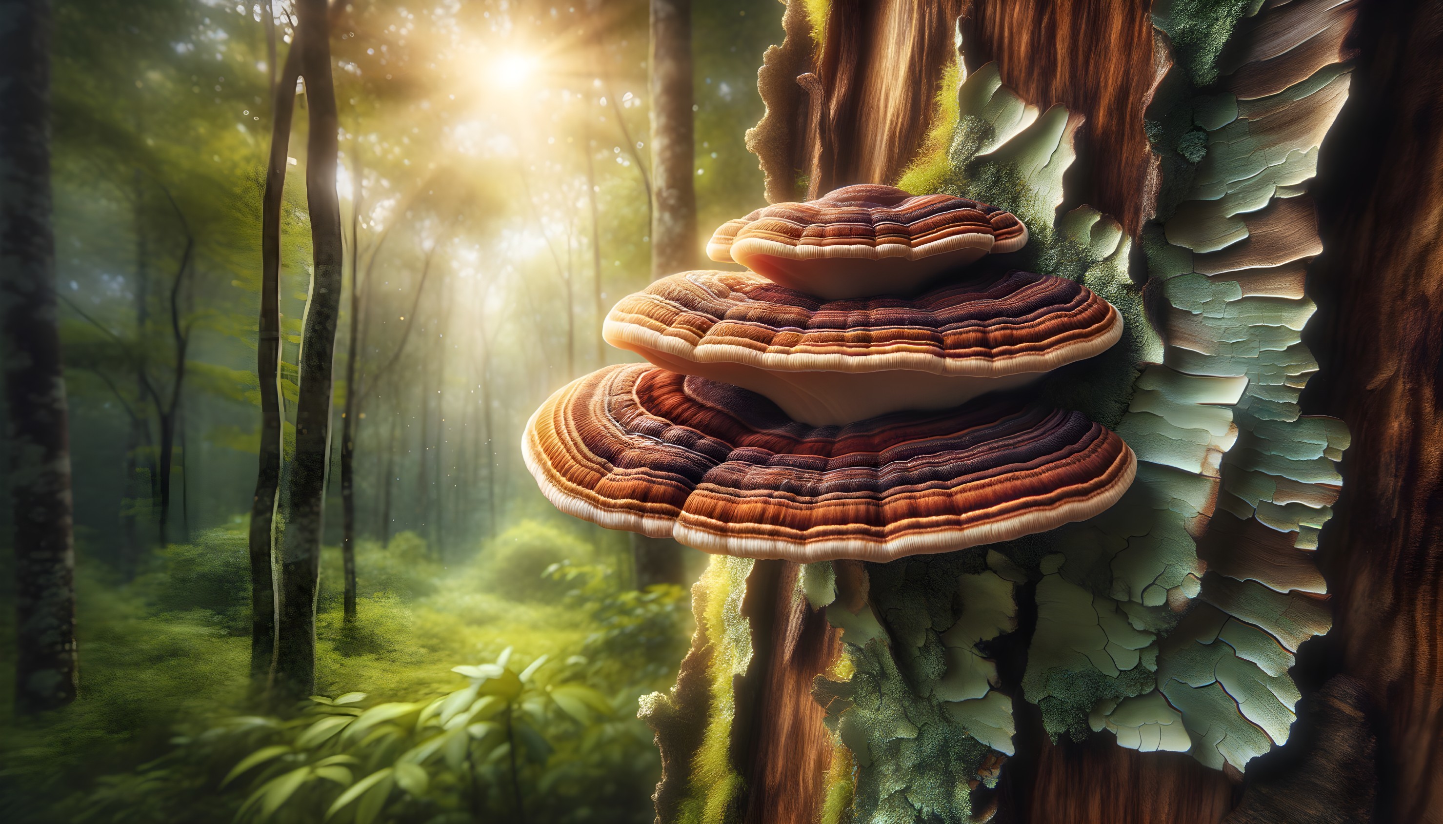 Vibrant Forest Scene with Multi-Layered Mushroom