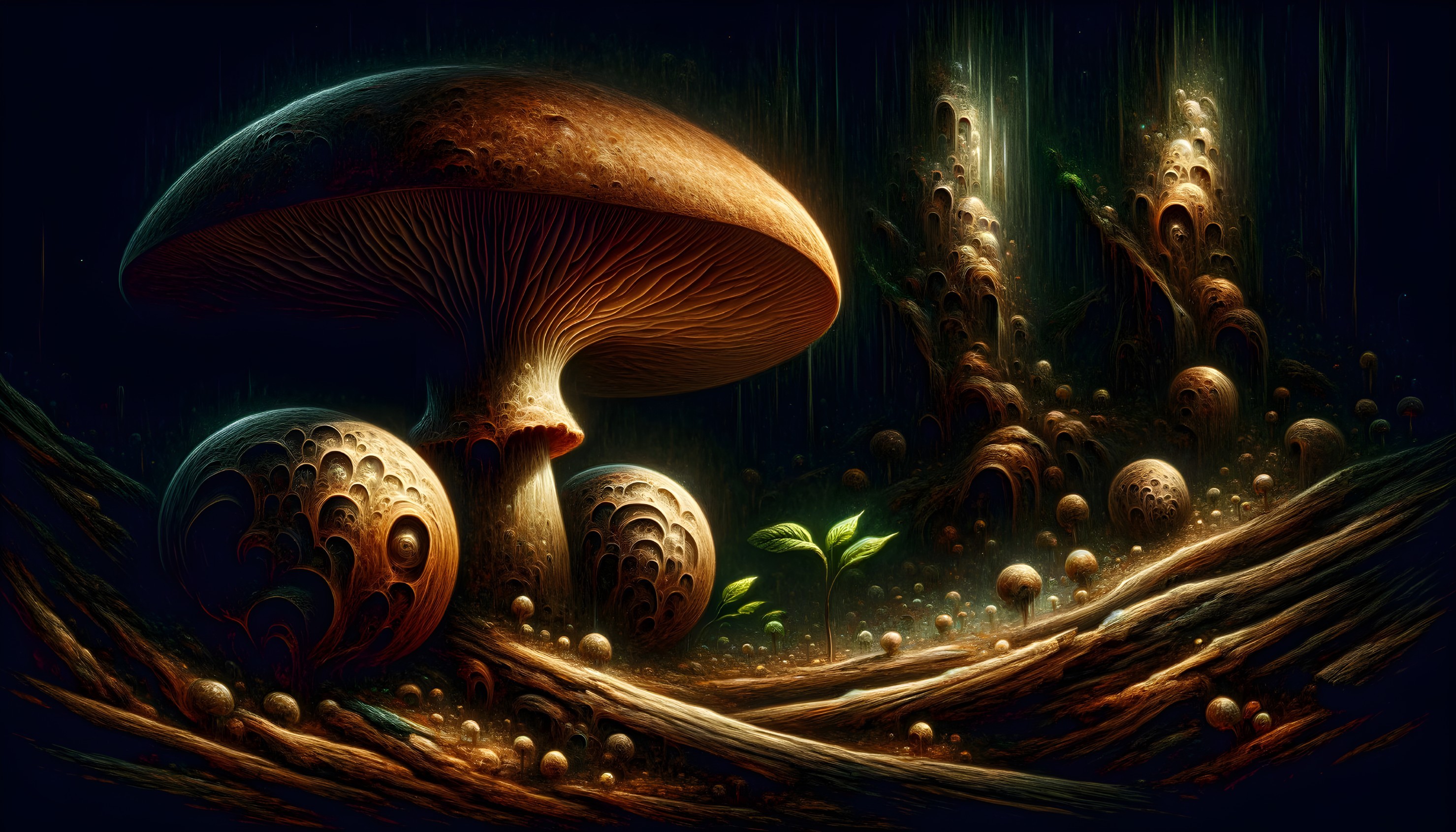 Surreal Landscape with Intricate Fungi and Ethereal Light