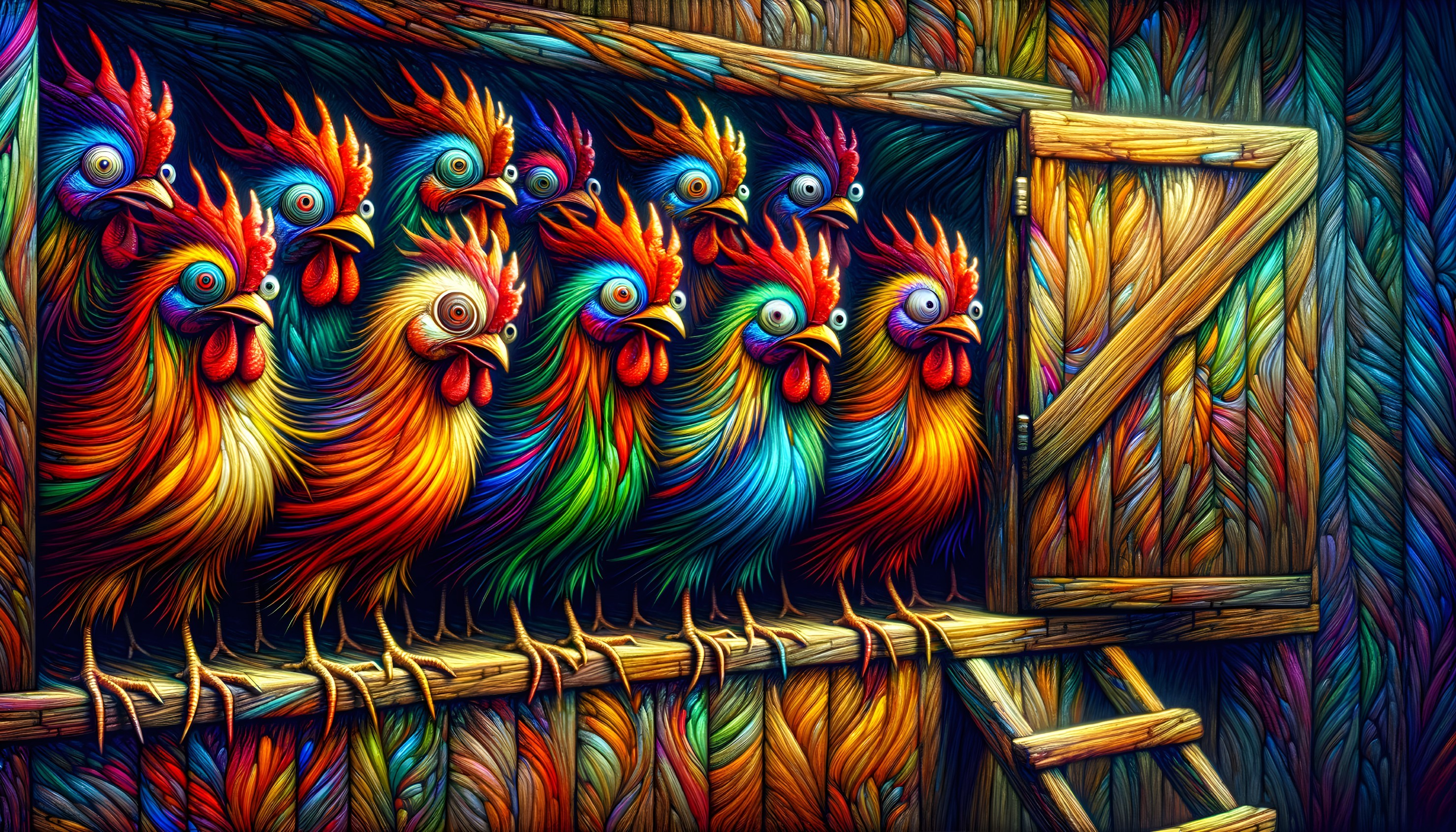 Colorful Roosters Perched in a Rustic Barn Scene