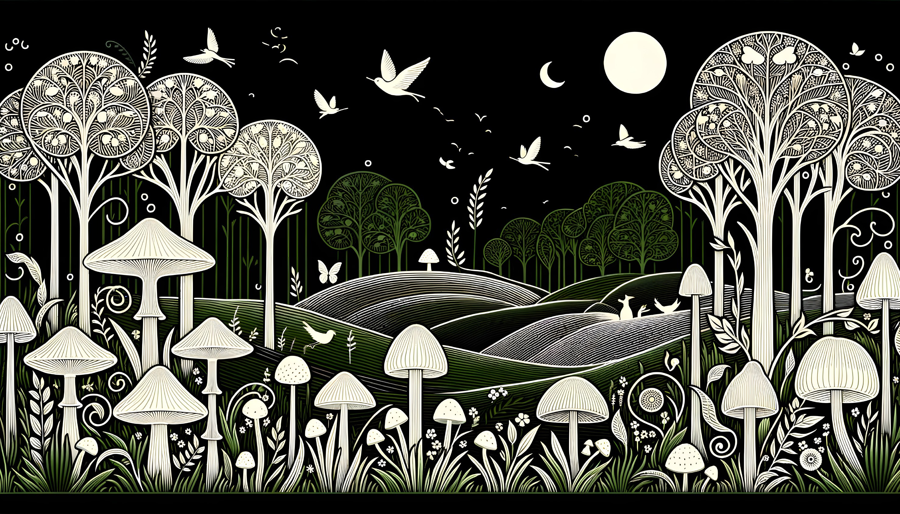 Whimsical Black-and-White Landscape Illustration