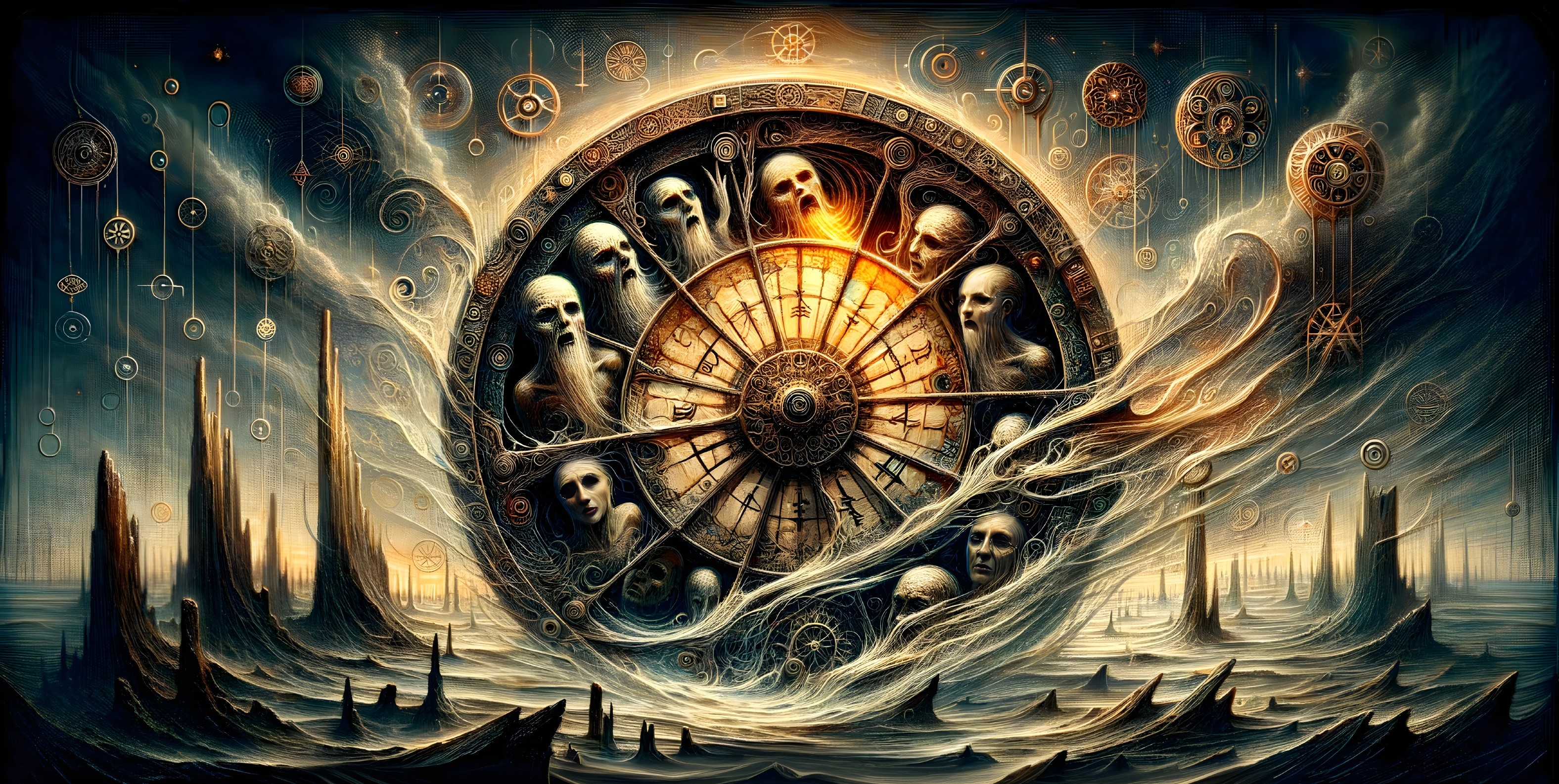 Intricate Fantasy Artwork of a Mystical Wheel and Seascape