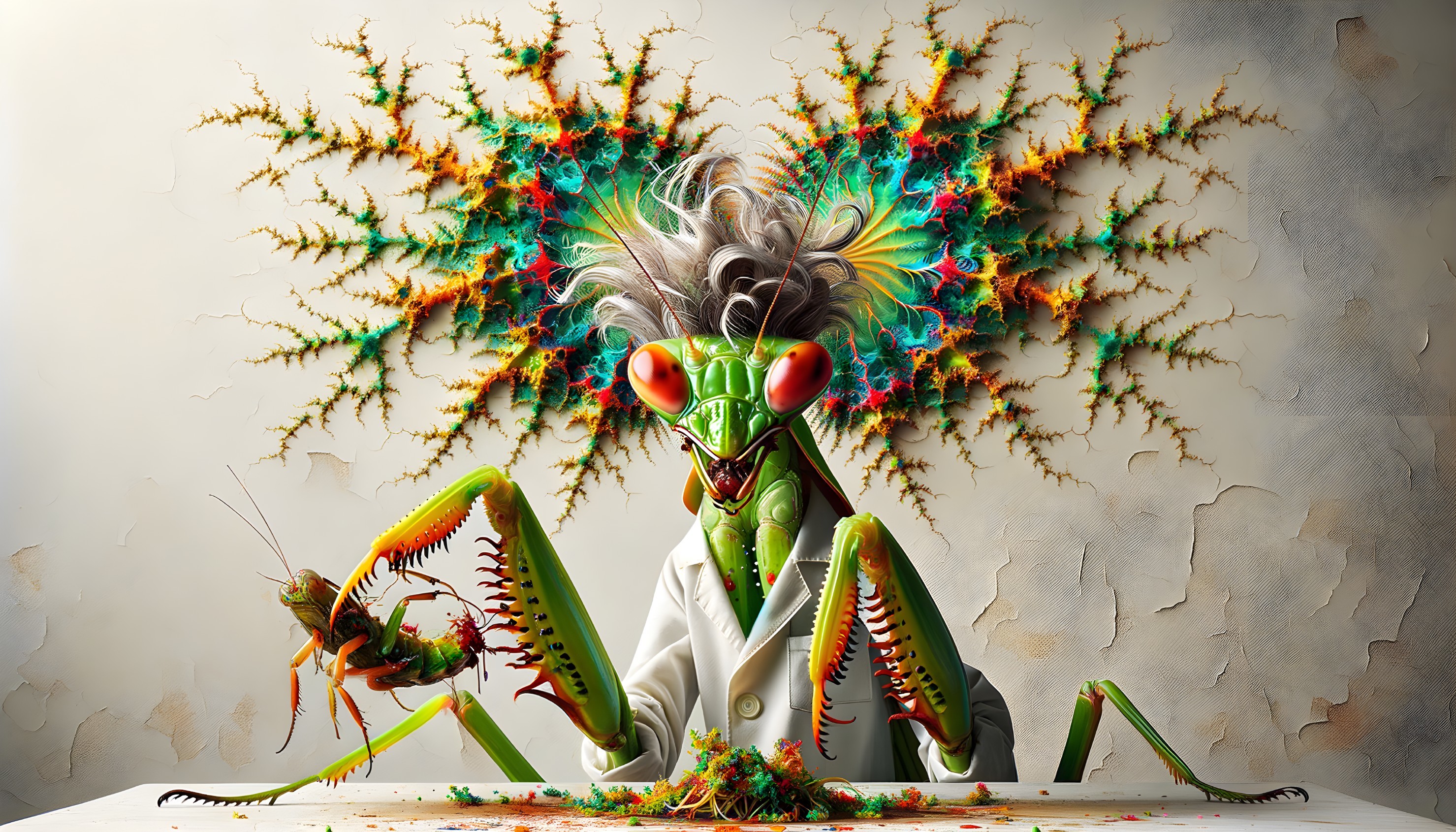 Whimsical Praying Mantis in a Lab Coat at Table