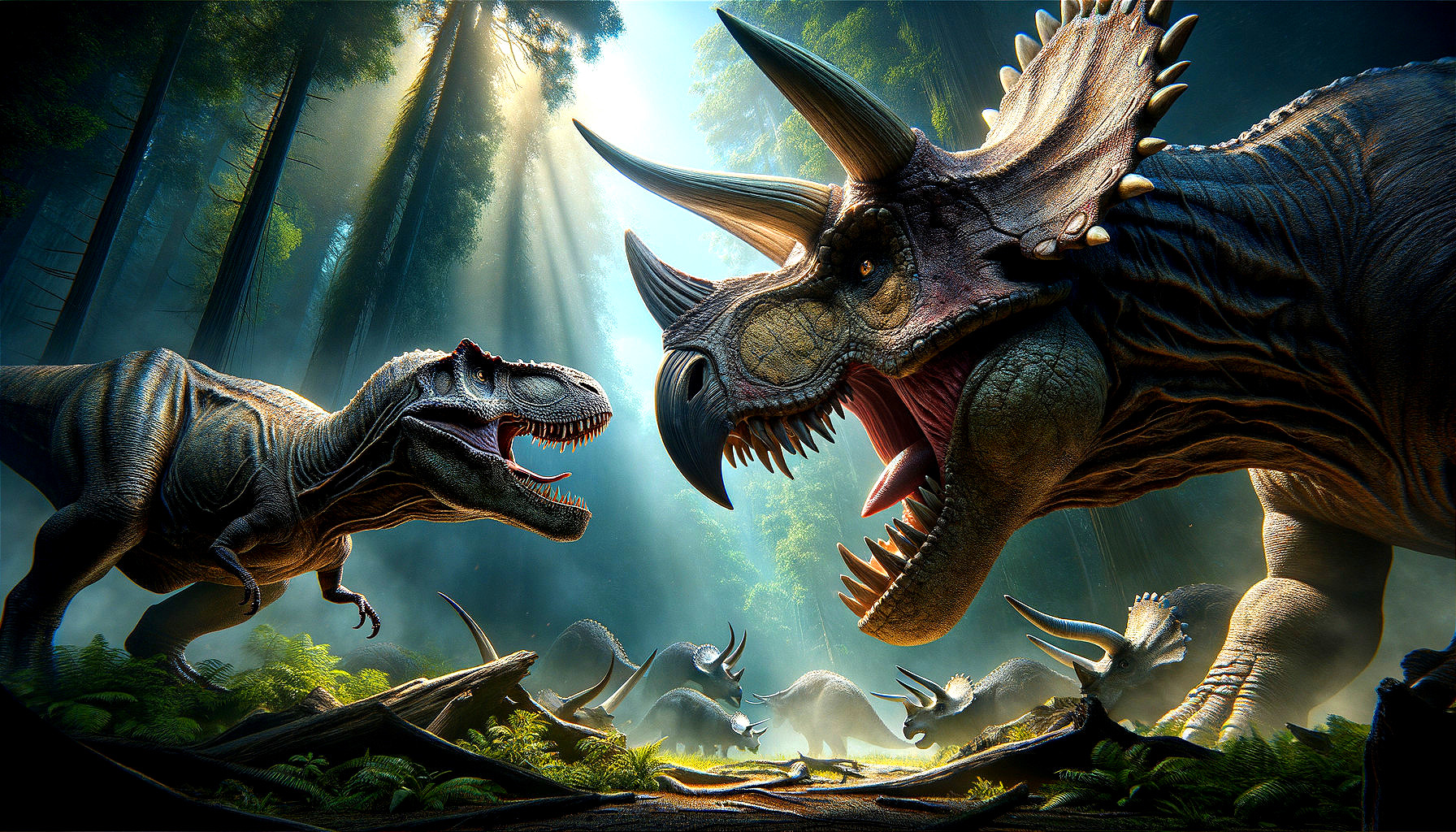 Tyrannosaurus rex and Triceratops Standoff in Forest