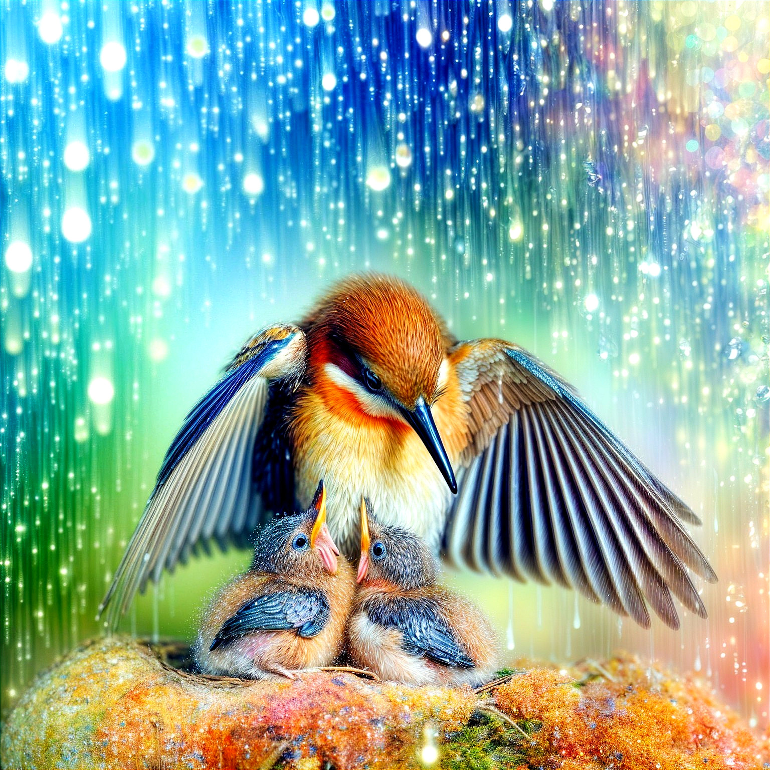 Colorful Bird Shelters Chicks in Dreamlike Setting