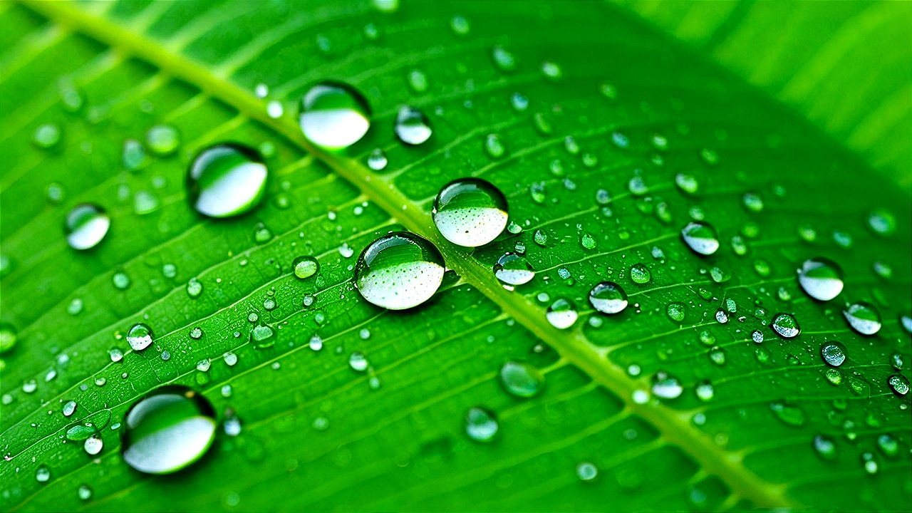 Close-up of a green leaf with water droplets