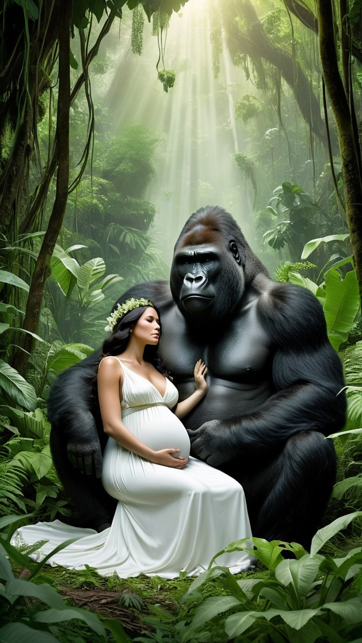 Pregnant Woman and Gorilla in Serene Jungle Setting