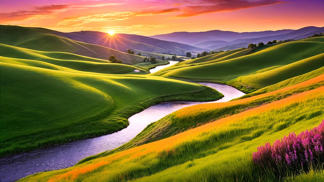 Vibrant Landscape of Rolling Hills and Sunrise Sky