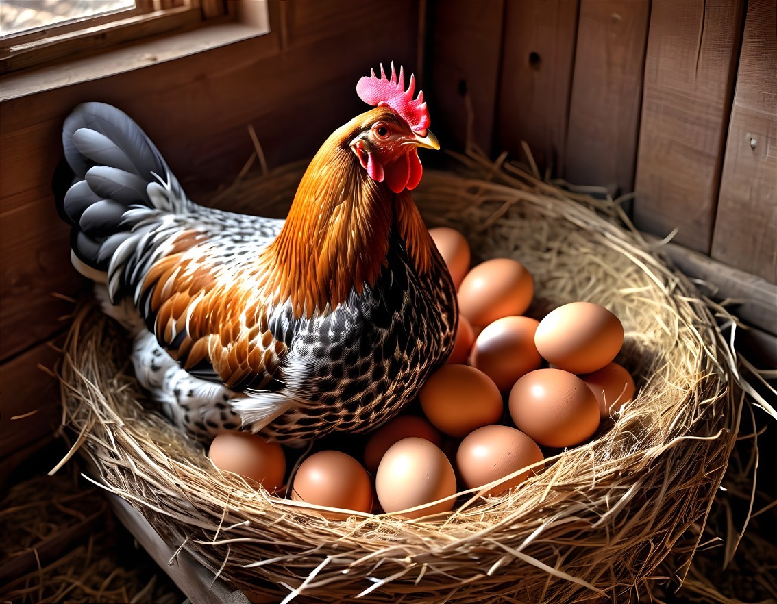 Hen on Eggs in Straw Nest Inside Wooden Coop
