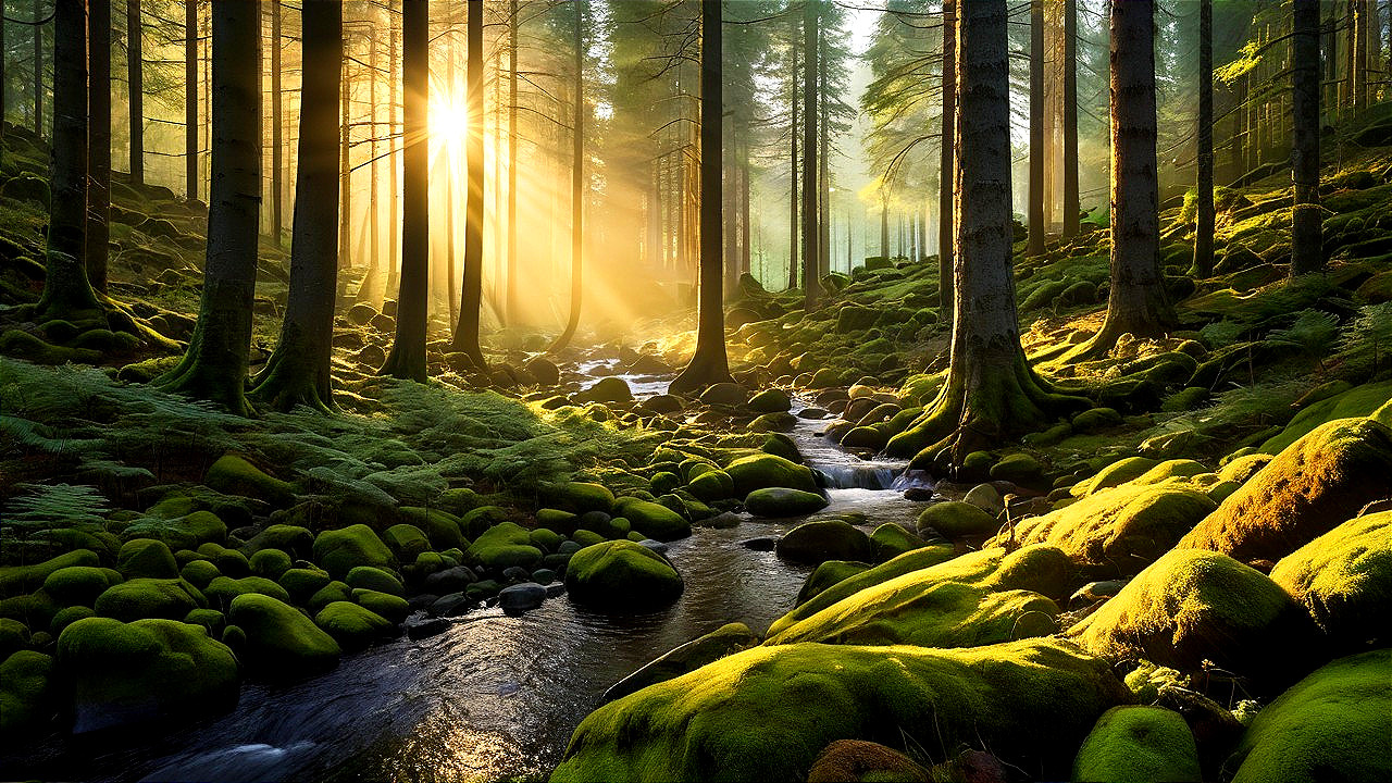 Serene forest scene with sunlight and lush greenery