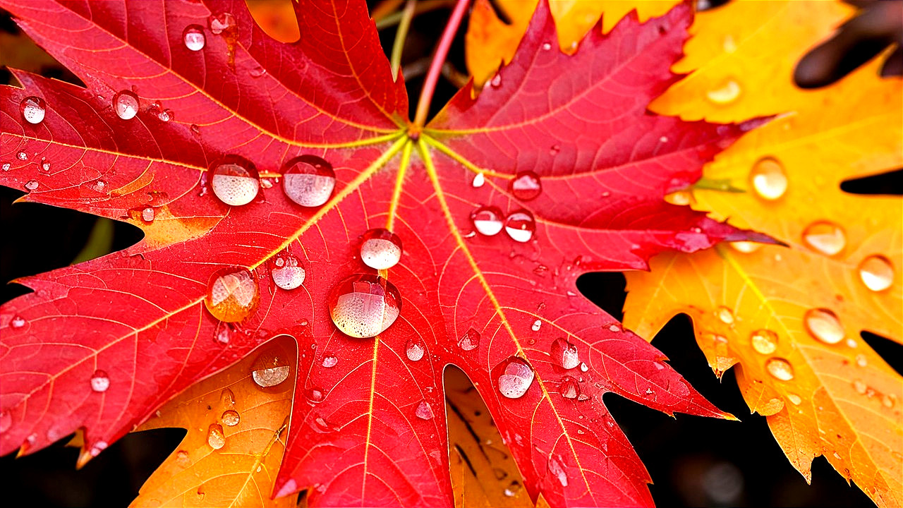 Autumn Leaves with Water Droplets in Vibrant Colors