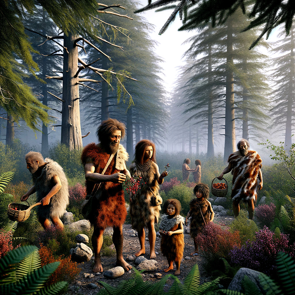Prehistoric Humans Gathering Food in Dense Forest