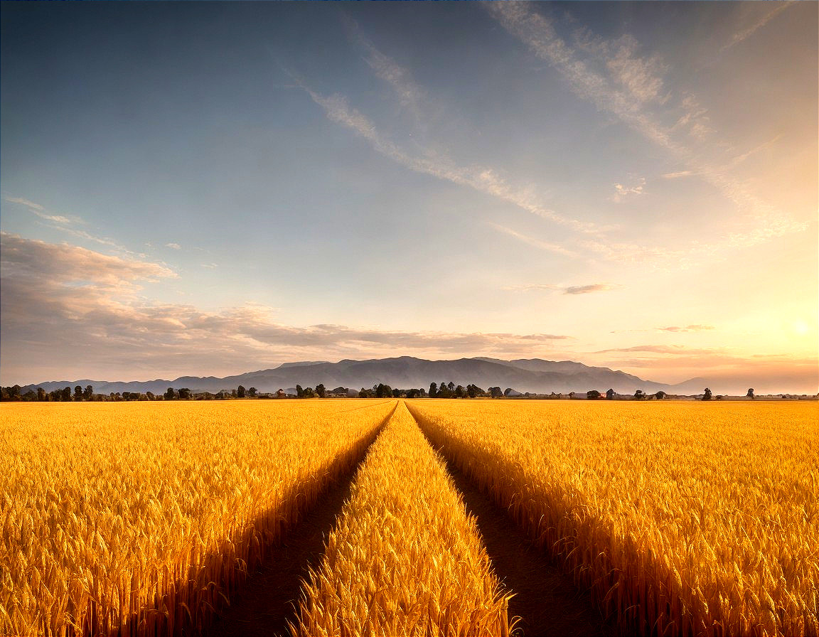 Golden Wheat Field Under Blue Sky and Mountains