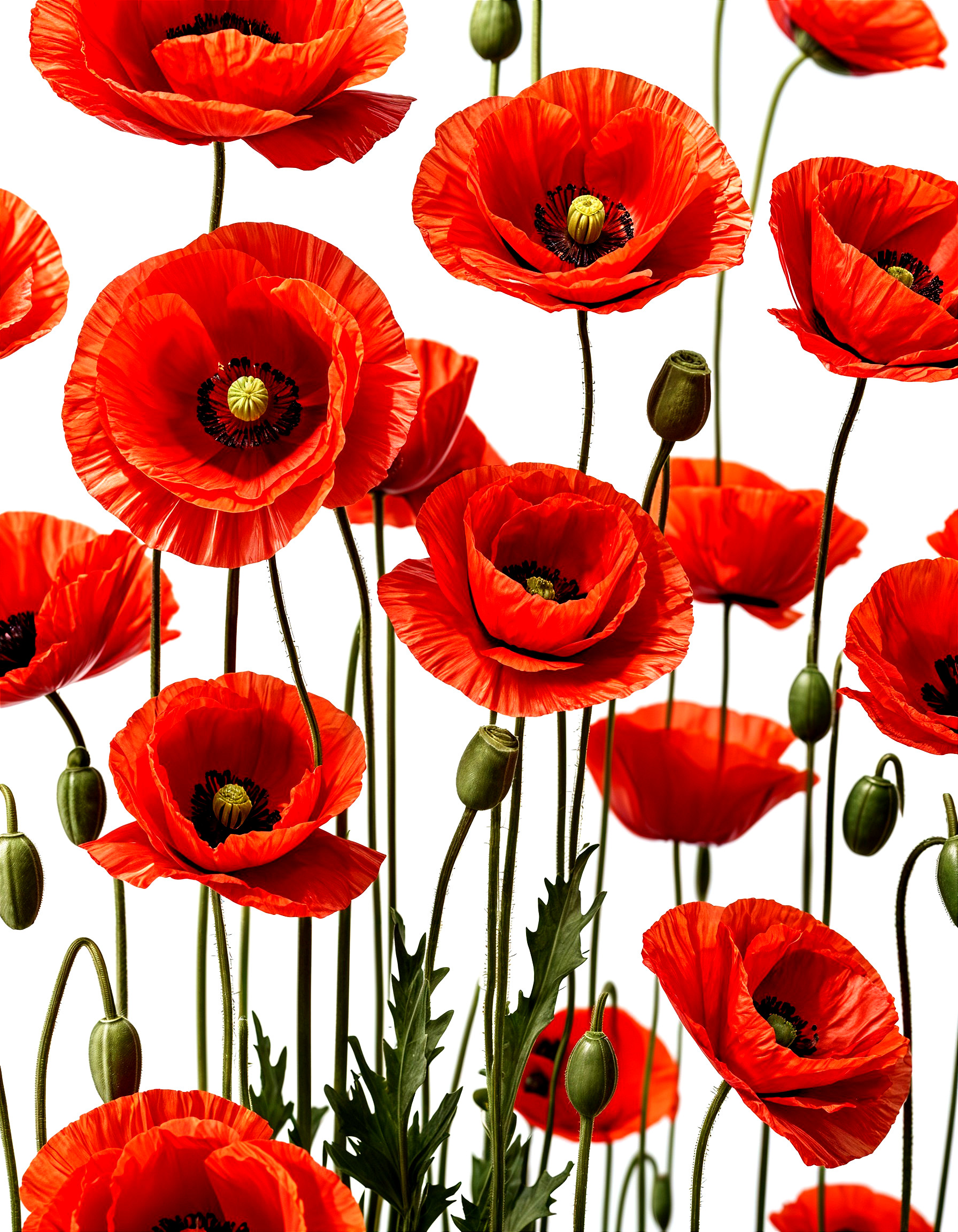 Vibrant Red Poppies in Bloom on Green Stems