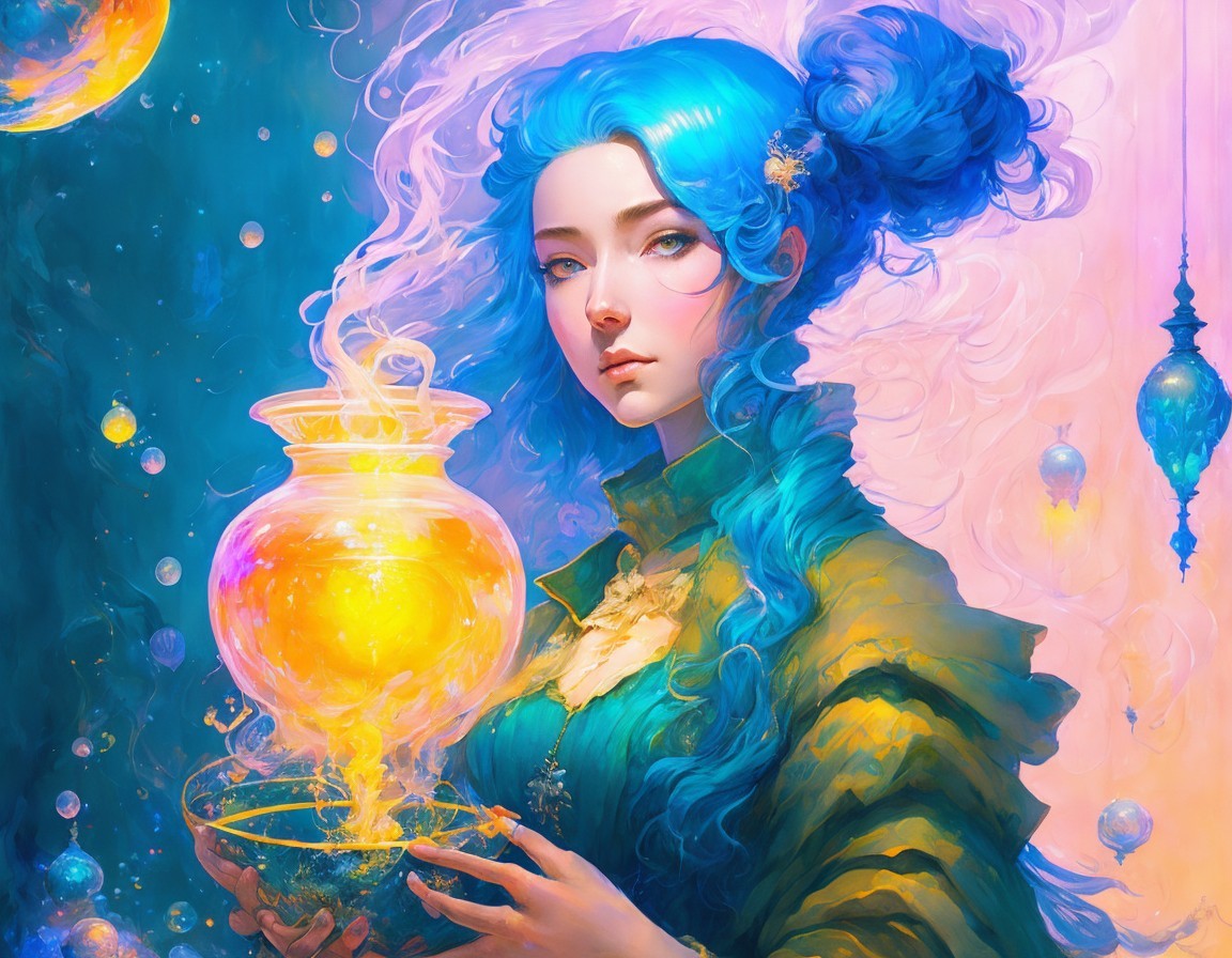 Mystical woman with blue hair and glowing vase