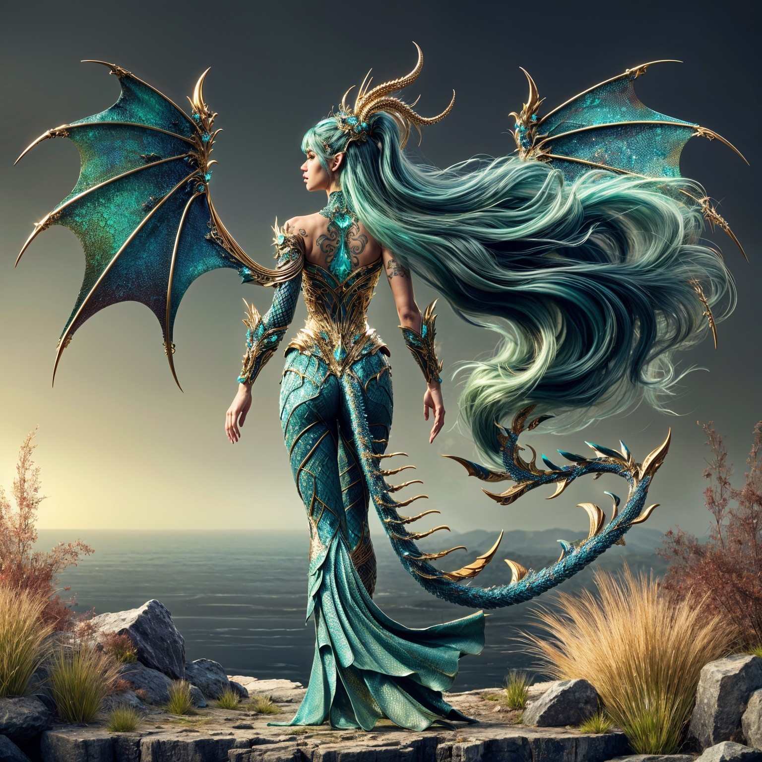 Fantasy figure in turquoise gown at rocky shore