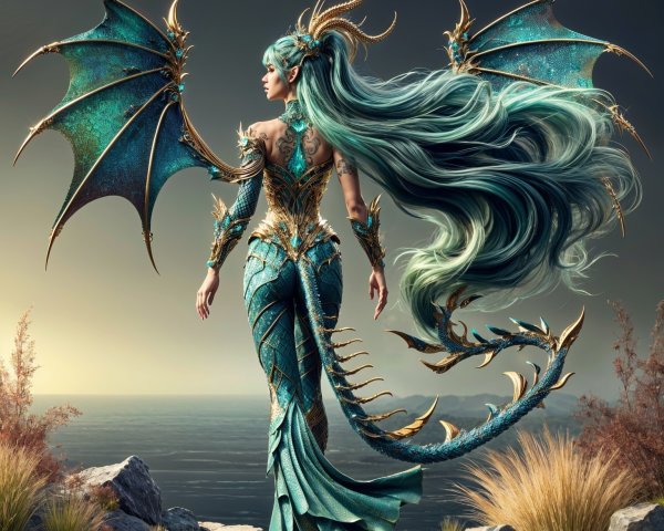 Fantasy figure in turquoise gown at rocky shore