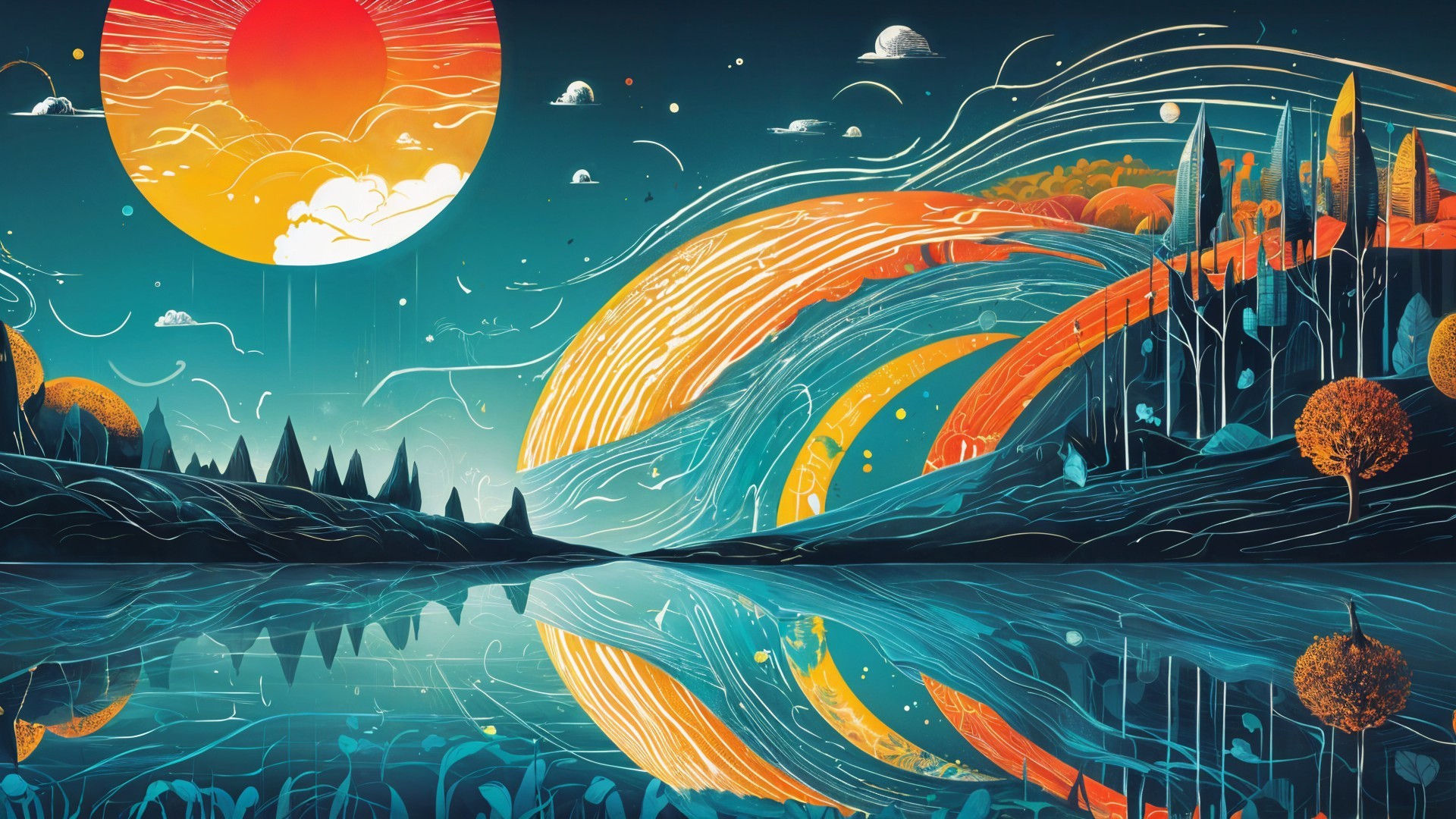 Vibrant Landscape with Colorful Sunset and Reflective Lake