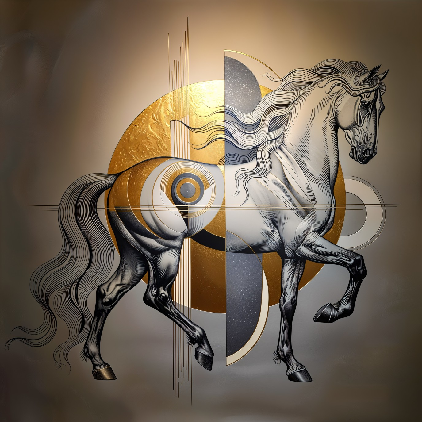 Art Deco Horse Illustration in Gold, White, and Black