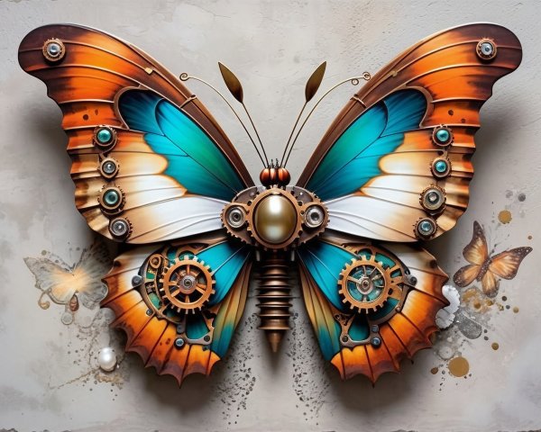 Steampunk Butterfly Art with Vibrant Colors and Gears