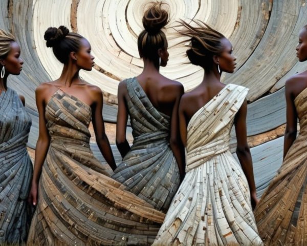 Models in Layered Wood-Like Dresses with Textured Background