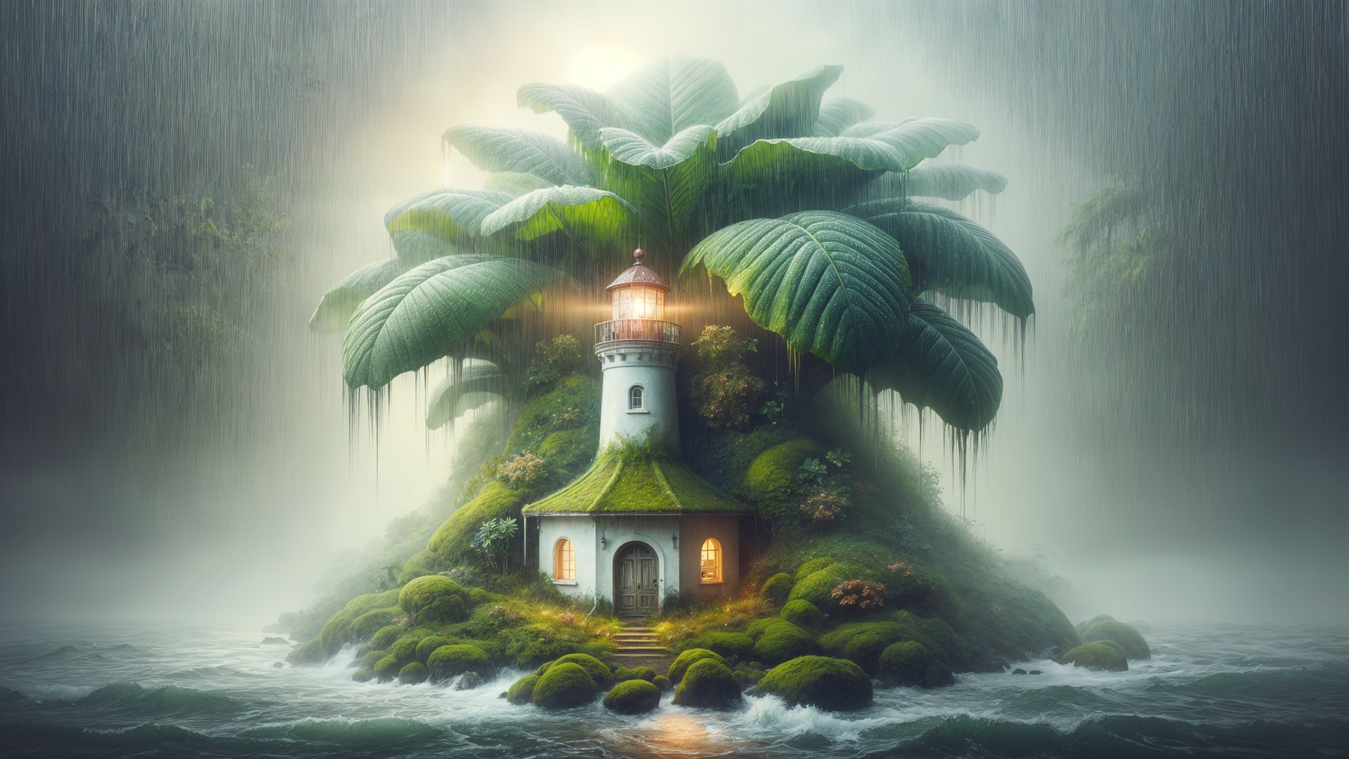 Whimsical Lighthouse on a Lush Green Island