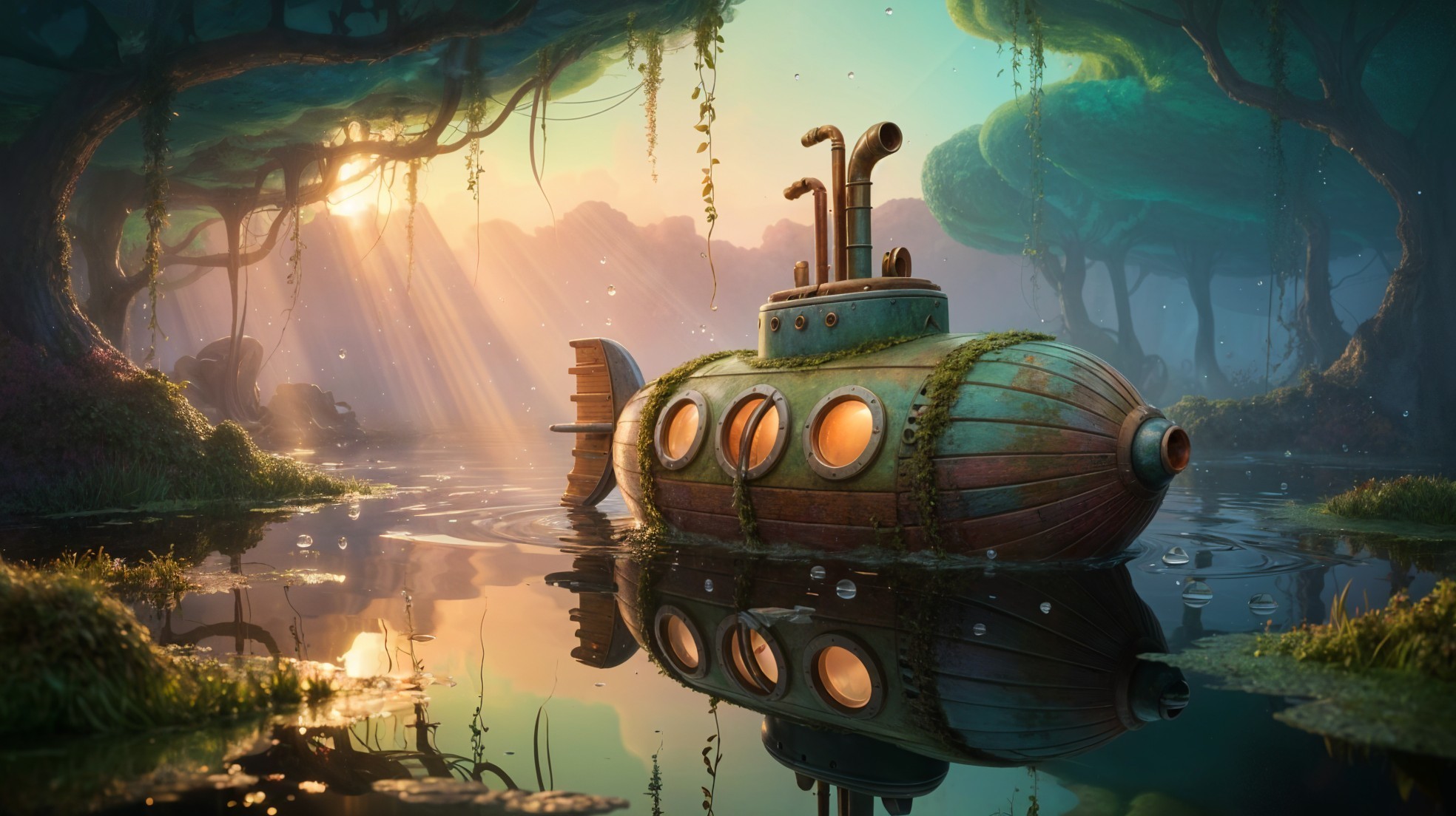 Whimsical Submarine on a Serene Mirrored Lake