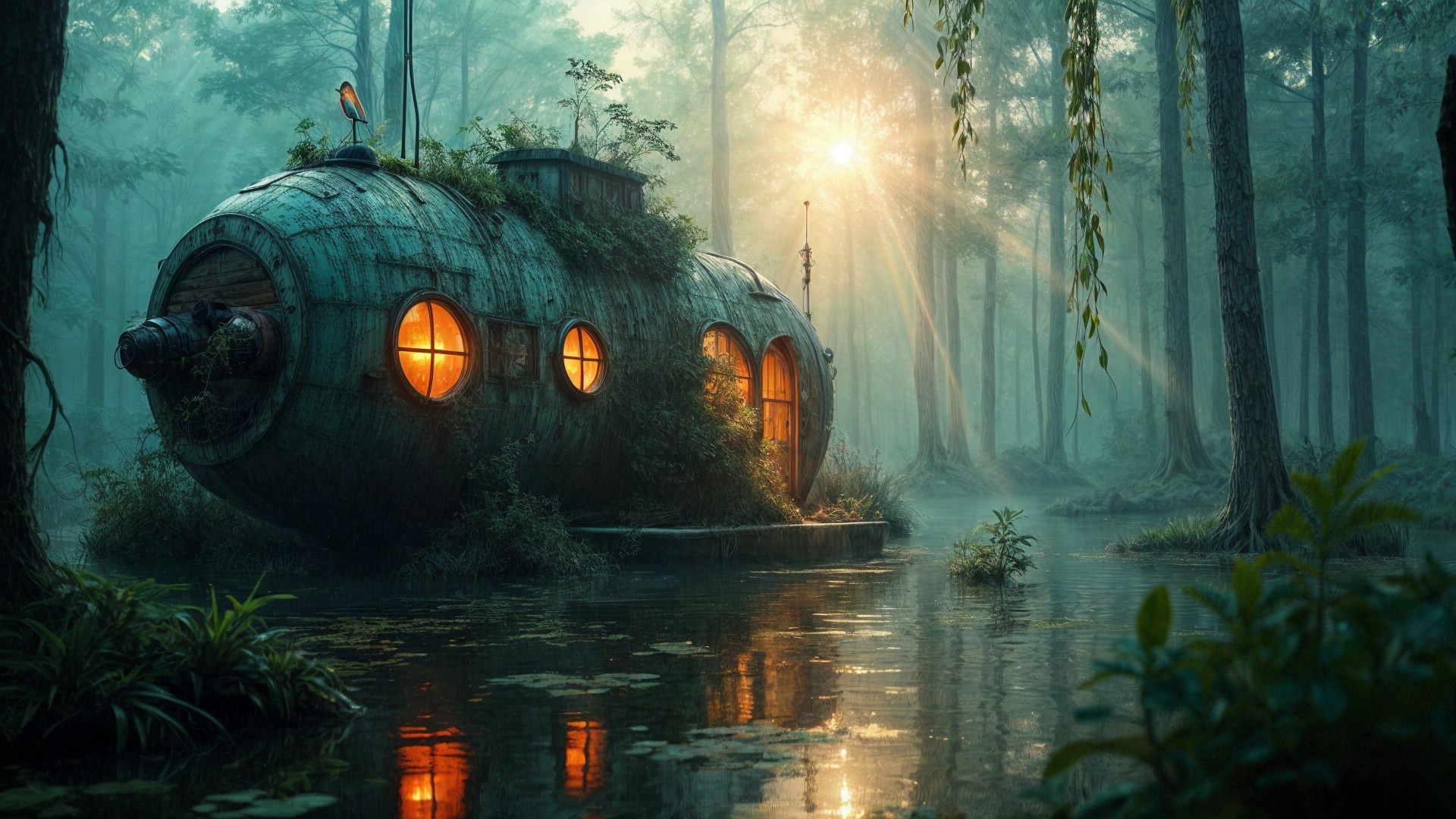 Whimsical Round House by Serene Pond in Misty Forest