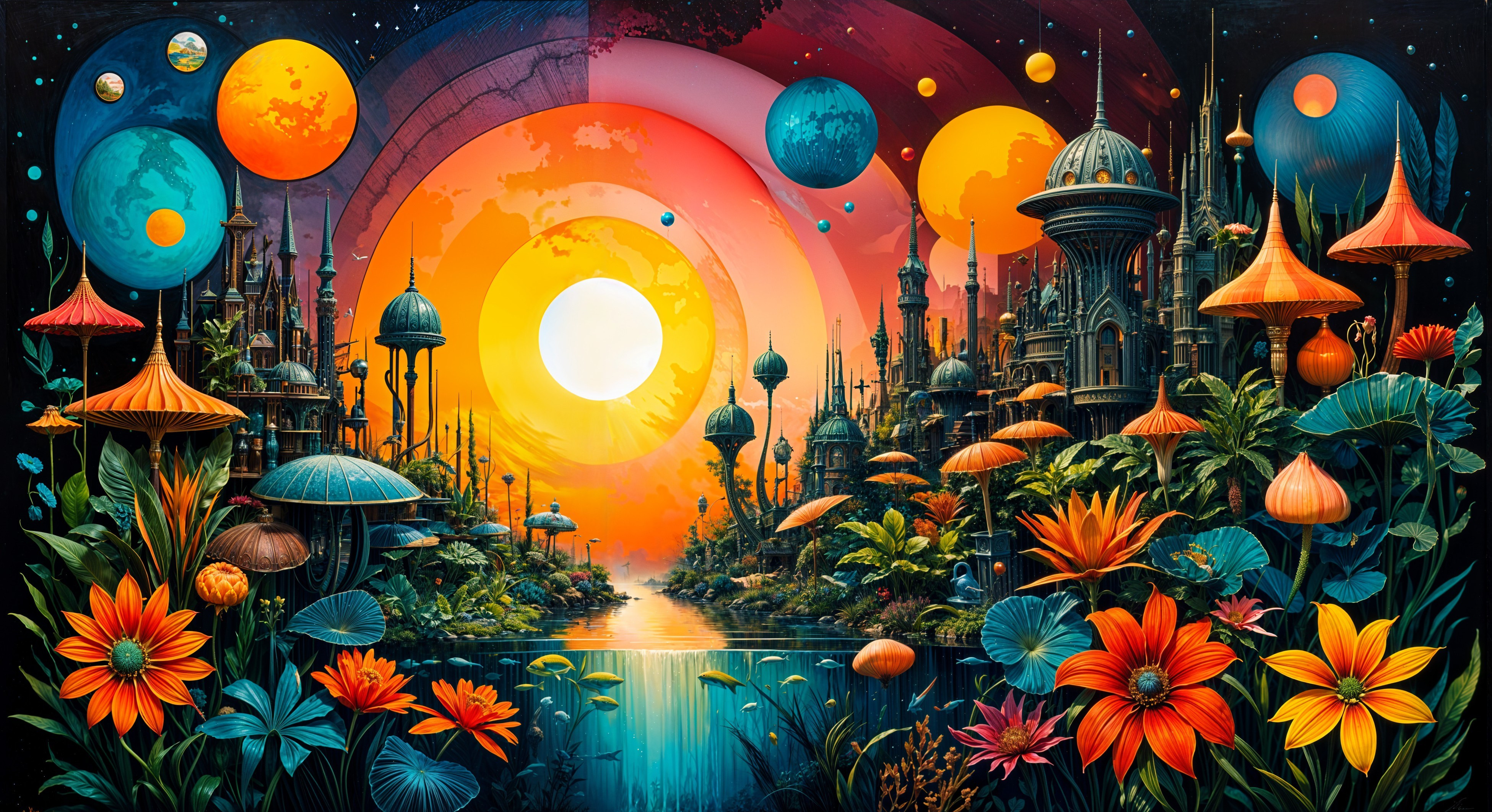 Surreal Landscape with Futuristic Architecture and Flora