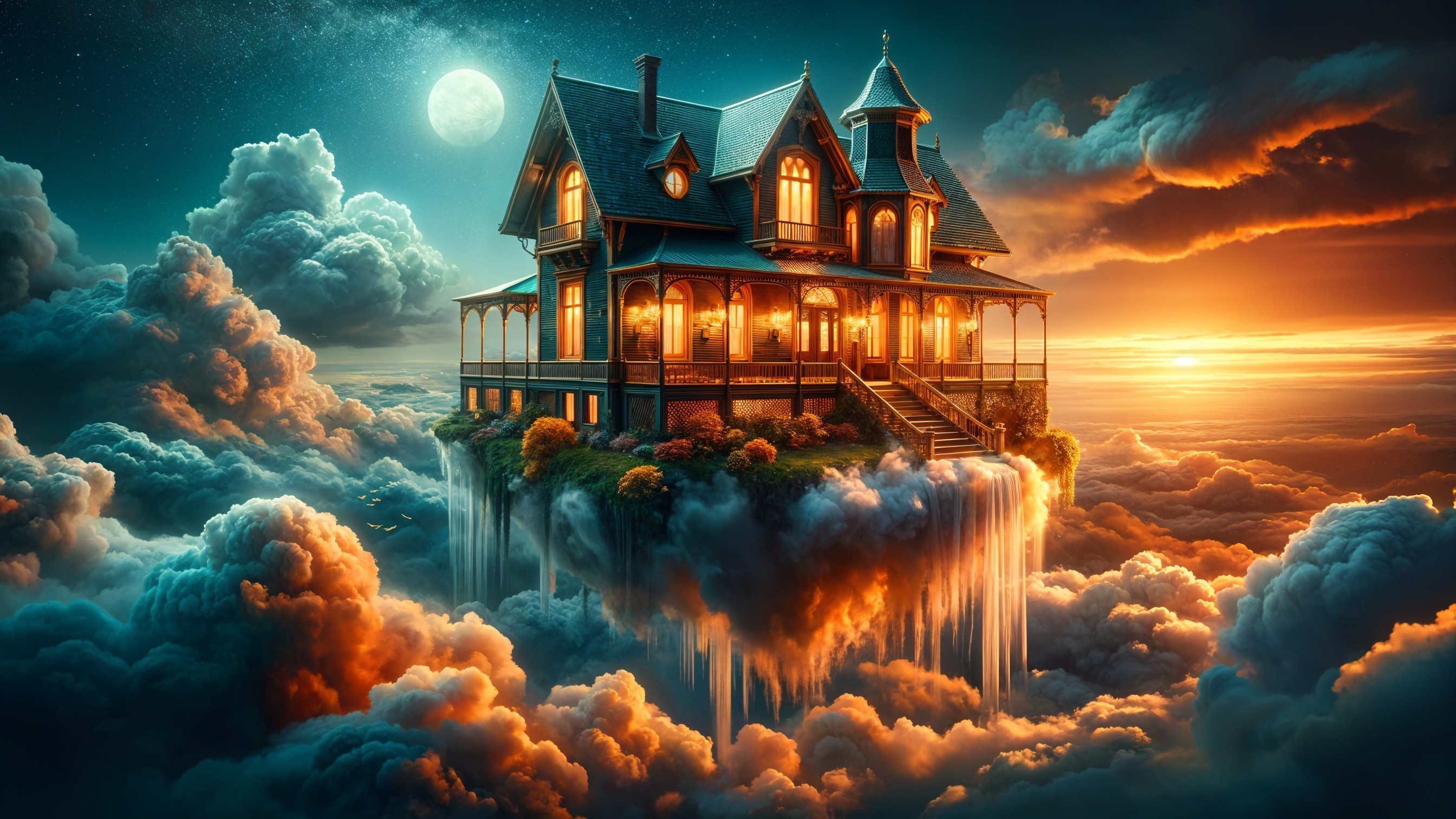 Victorian Mansion Above Swirling Sunset Clouds
