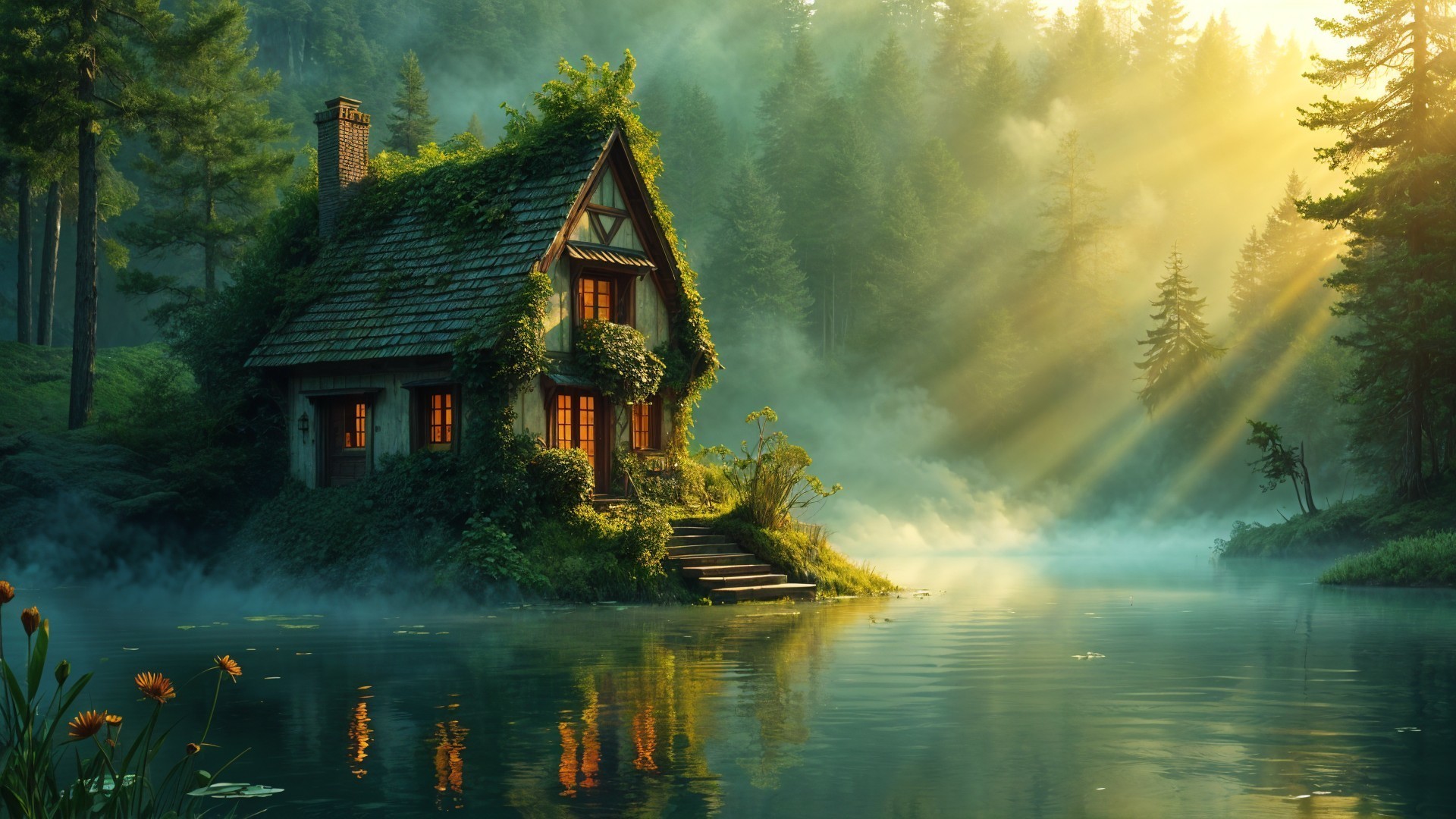 Charming Cottage by a Serene Misty Lake
