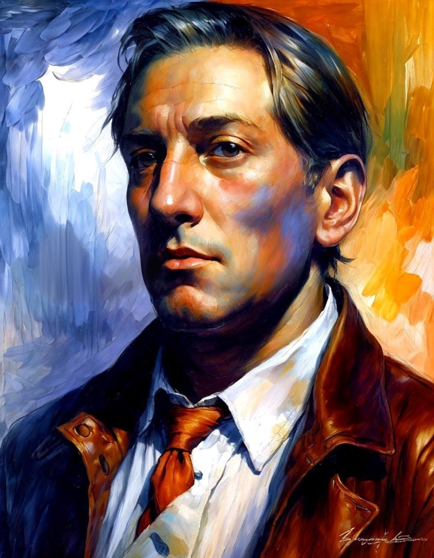 Vibrant portrait of a contemplative man in leather jacket and tie