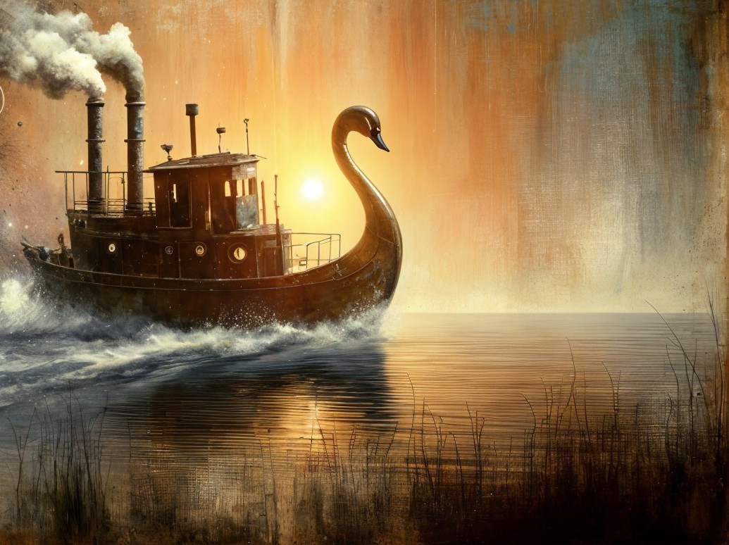 Whimsical Swan-Shaped Steamboat at Sunset on Water
