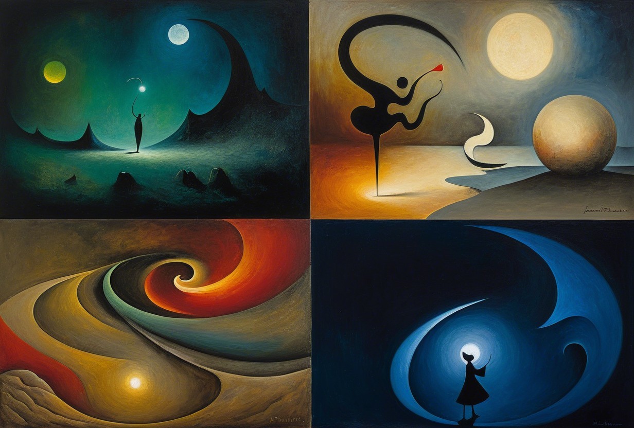 Four Panel Abstract Art with Vibrant Colors and Forms