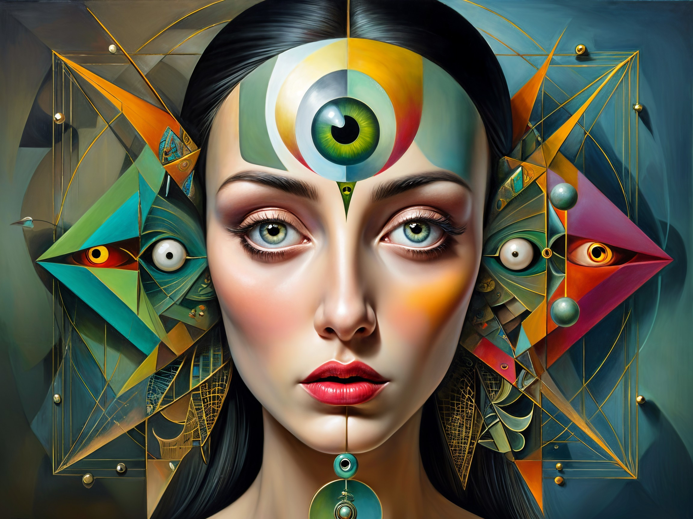 Portrait of a Woman with Green Eyes and Geometric Patterns