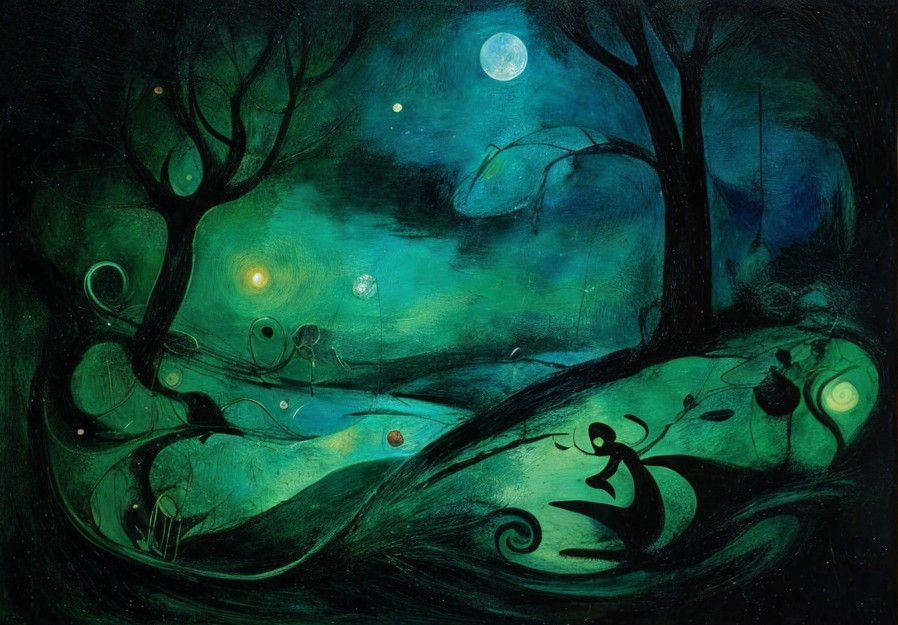 Ethereal landscape with mystical trees and orbs